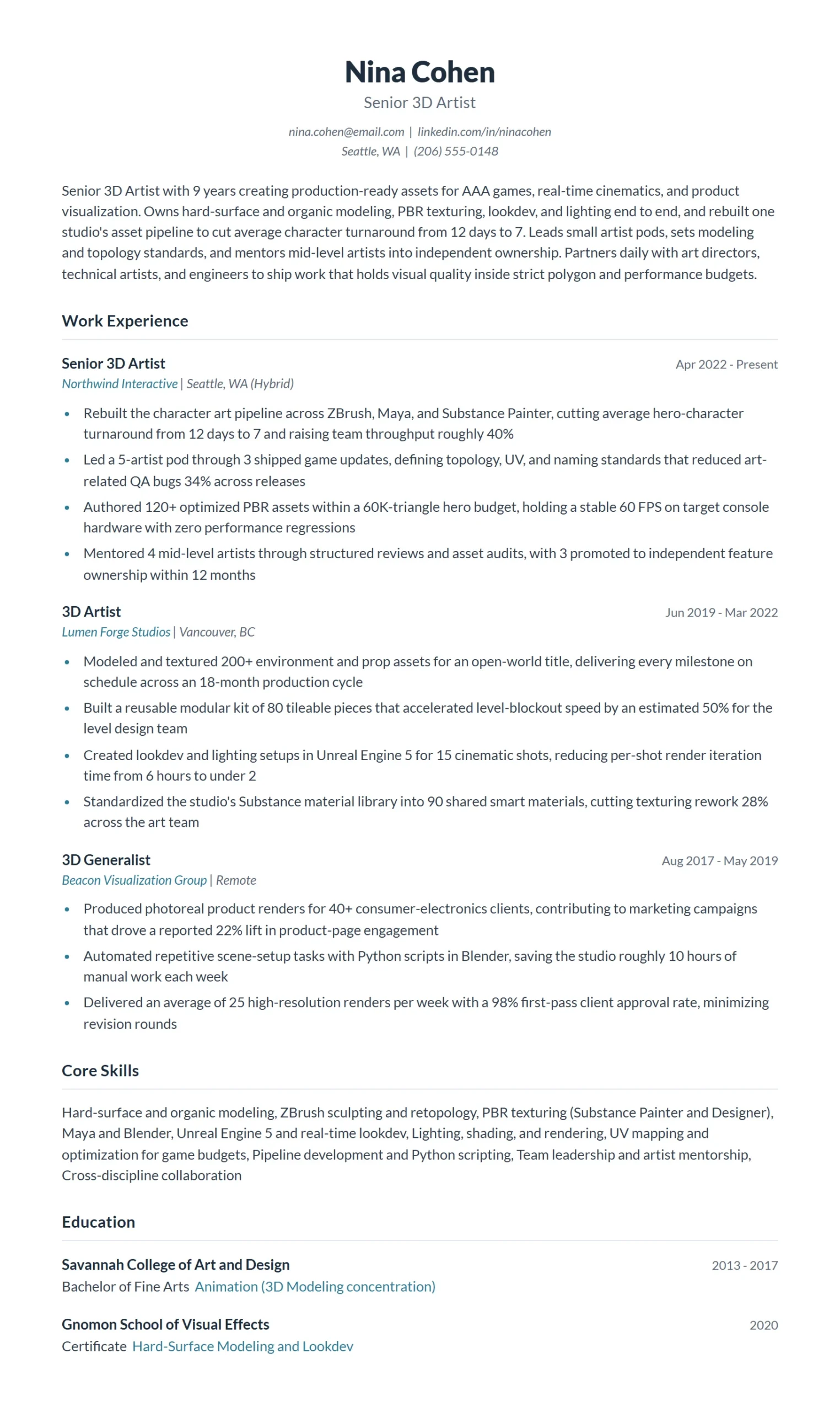 Senior 3D Artist Resume Example