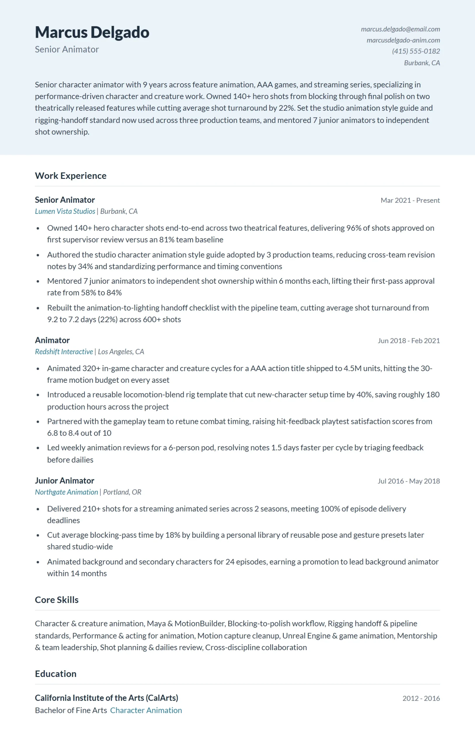Senior Animator Resume Example