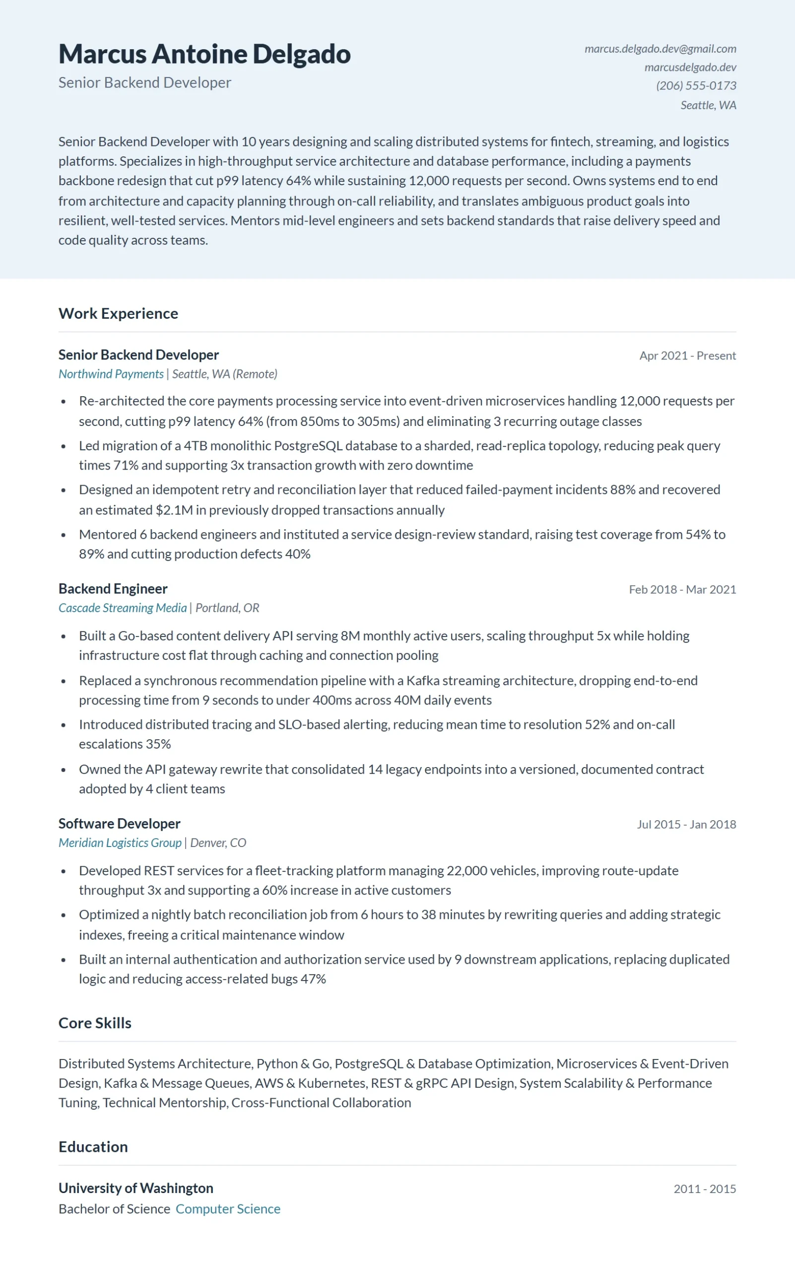 Senior Backend Developer Resume Example