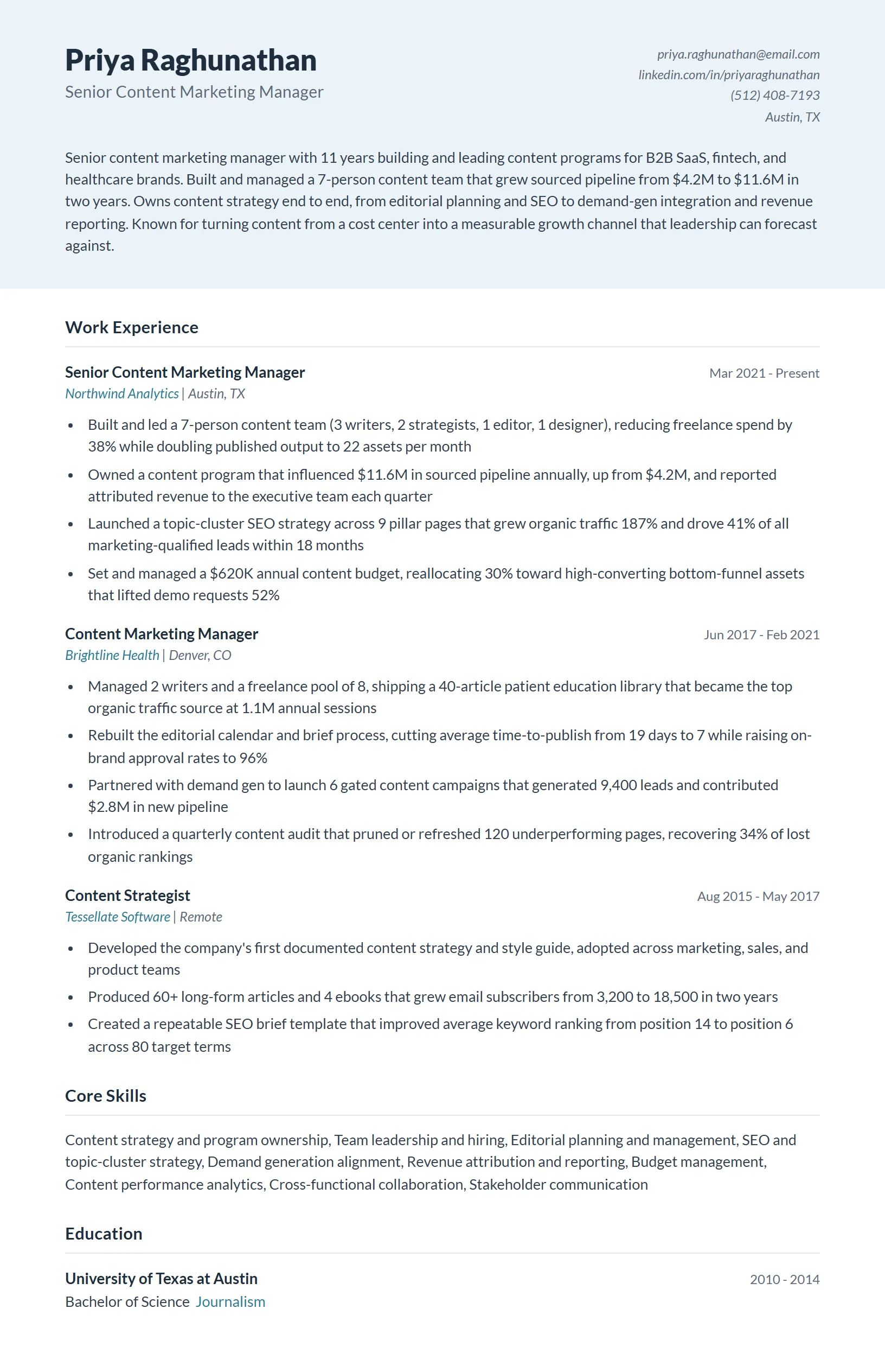 Senior Content Marketing Manager Resume Example