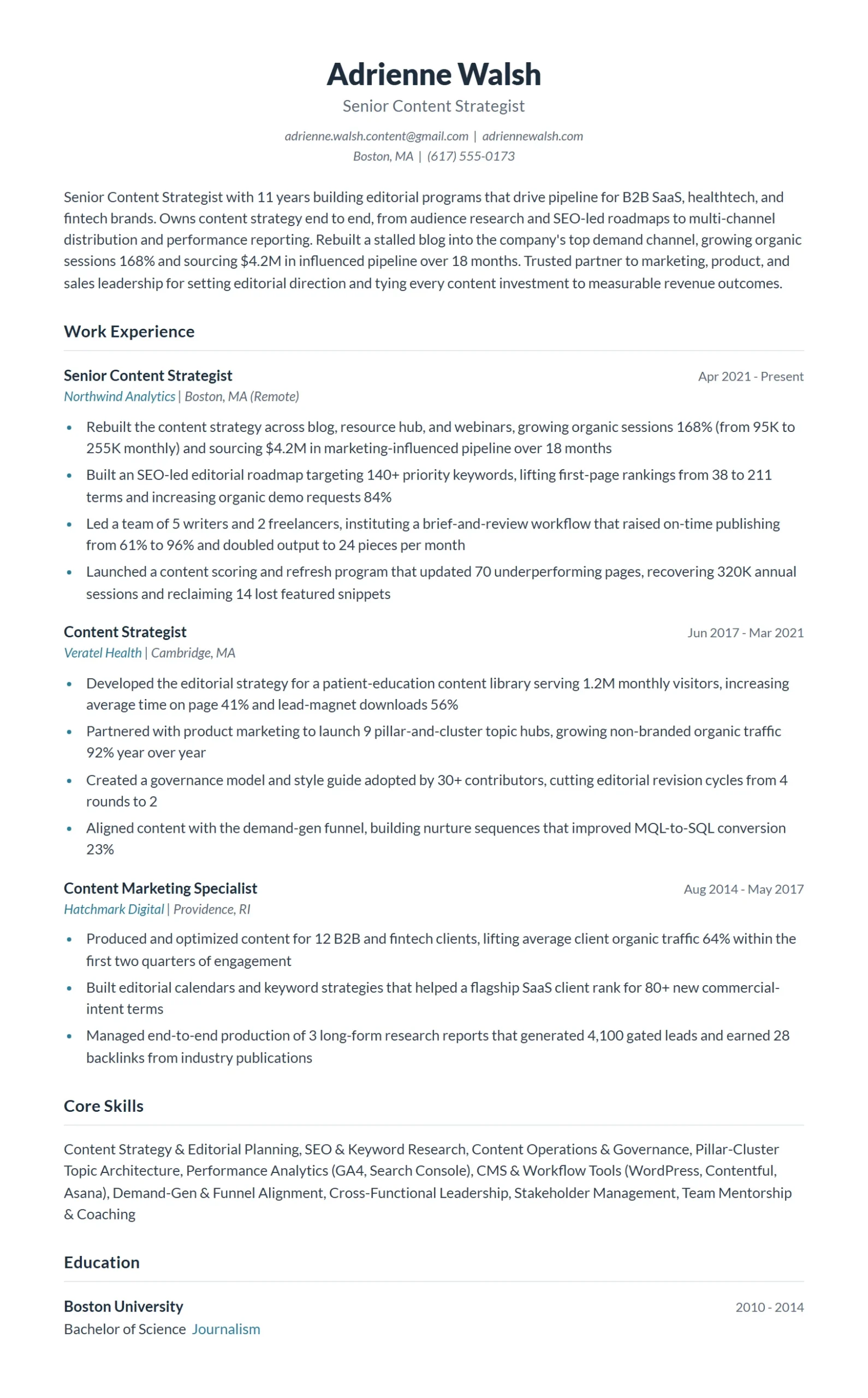 Senior Content Strategist Resume Example