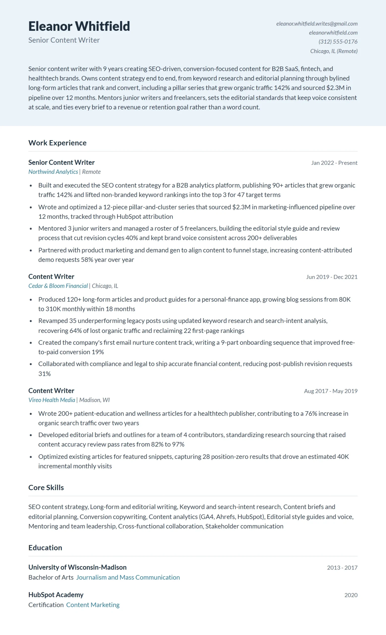 Senior Content Writer Resume Example