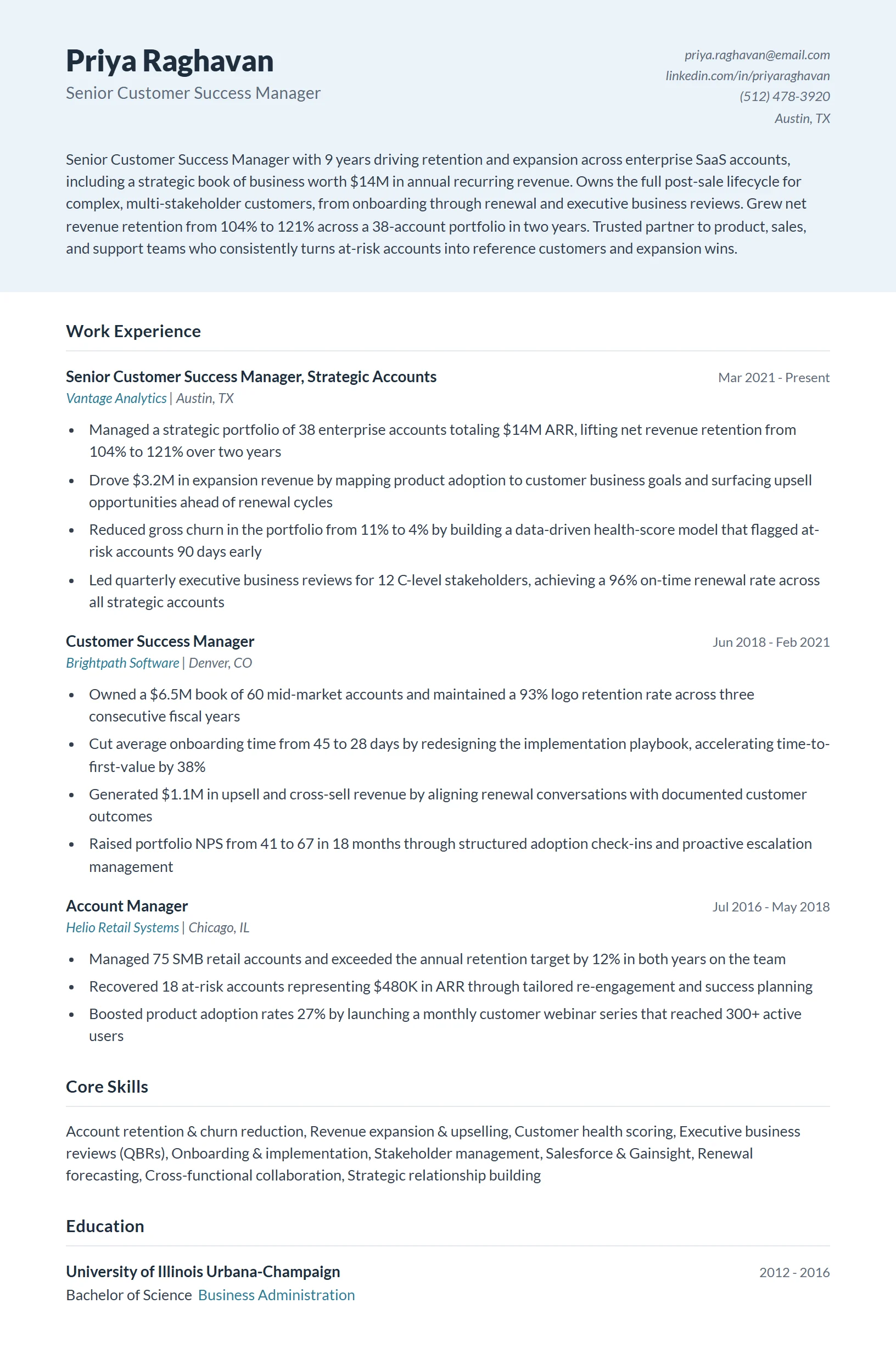 Senior Customer Success Manager Resume Example
