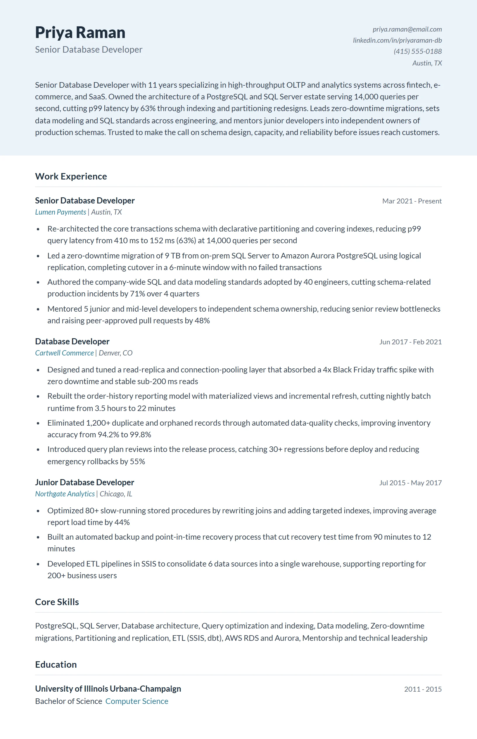 Senior Database Developer Resume Example