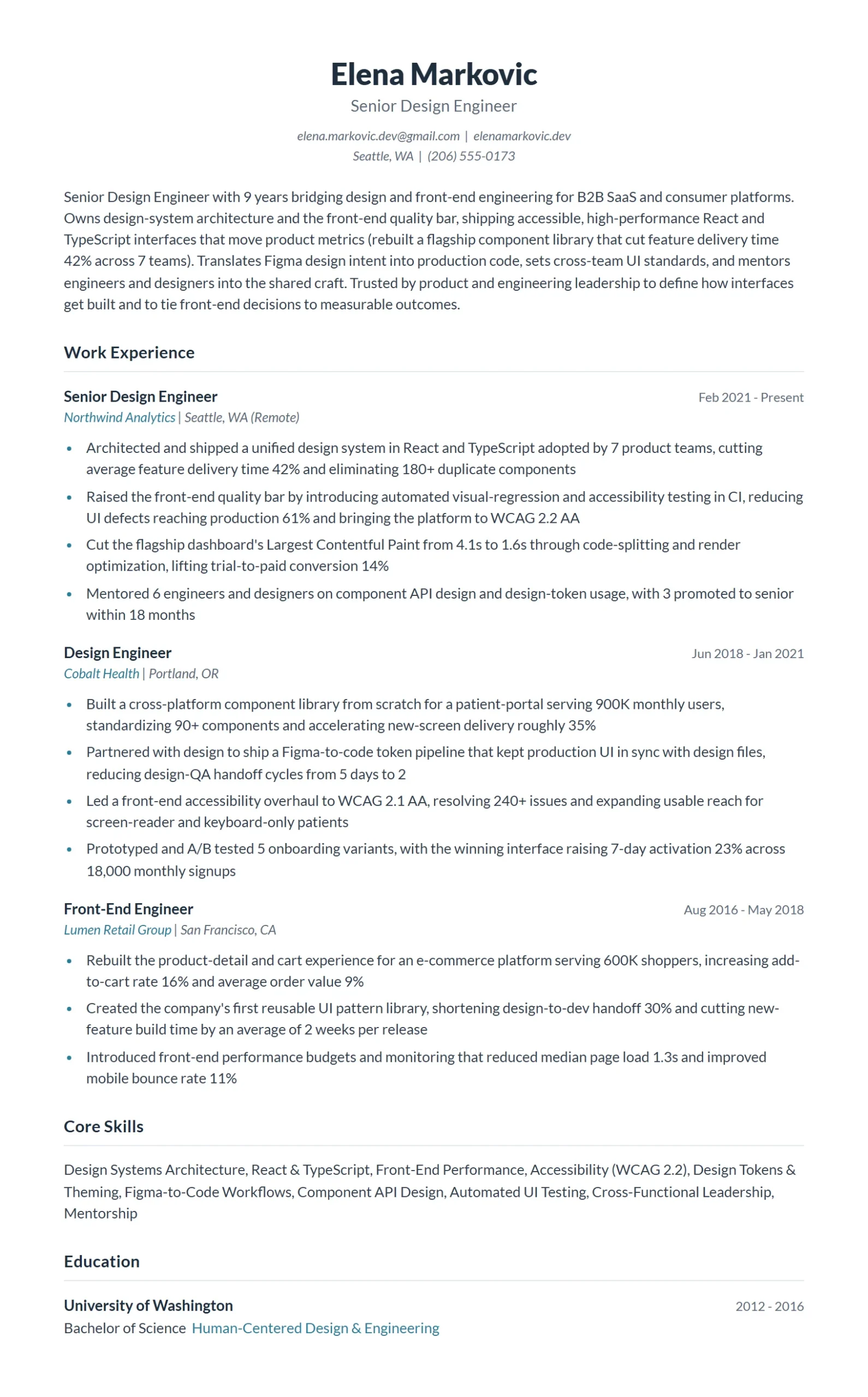Senior Design Engineer Resume Example
