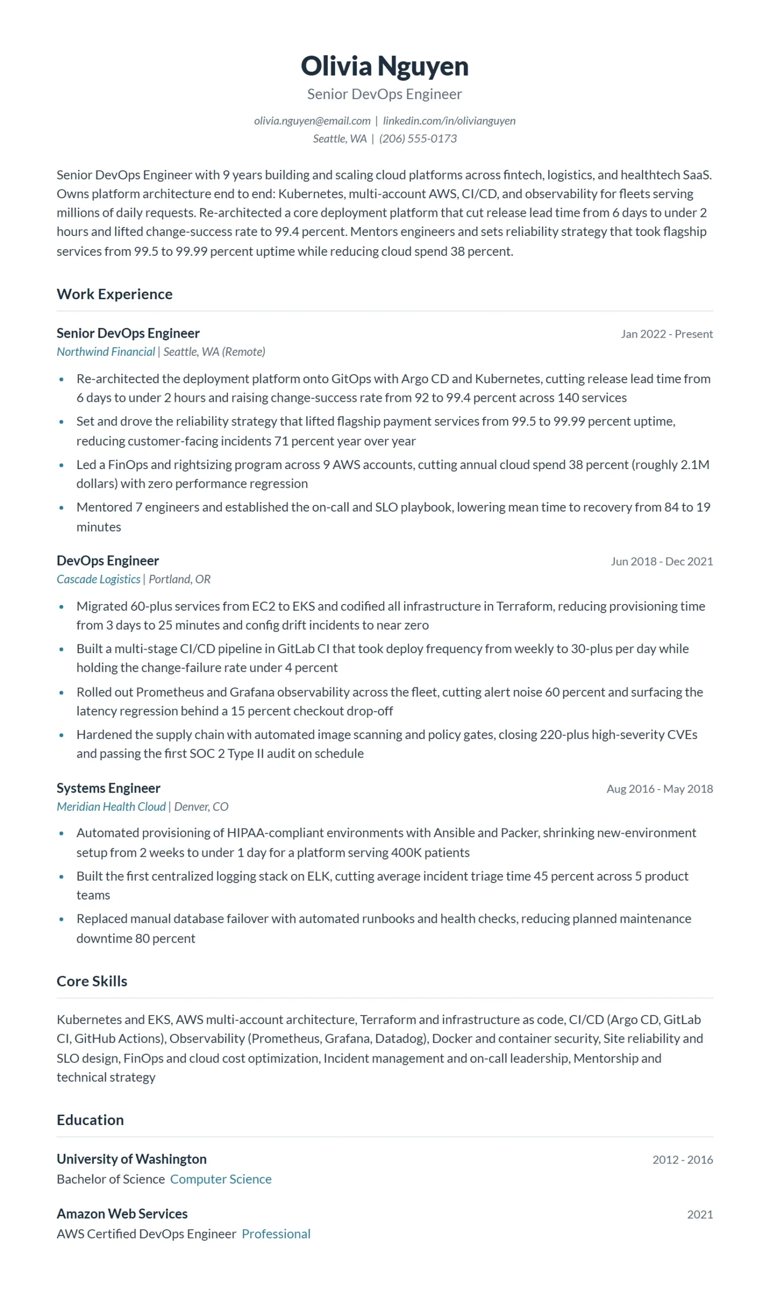 Senior DevOps Engineer Resume Example