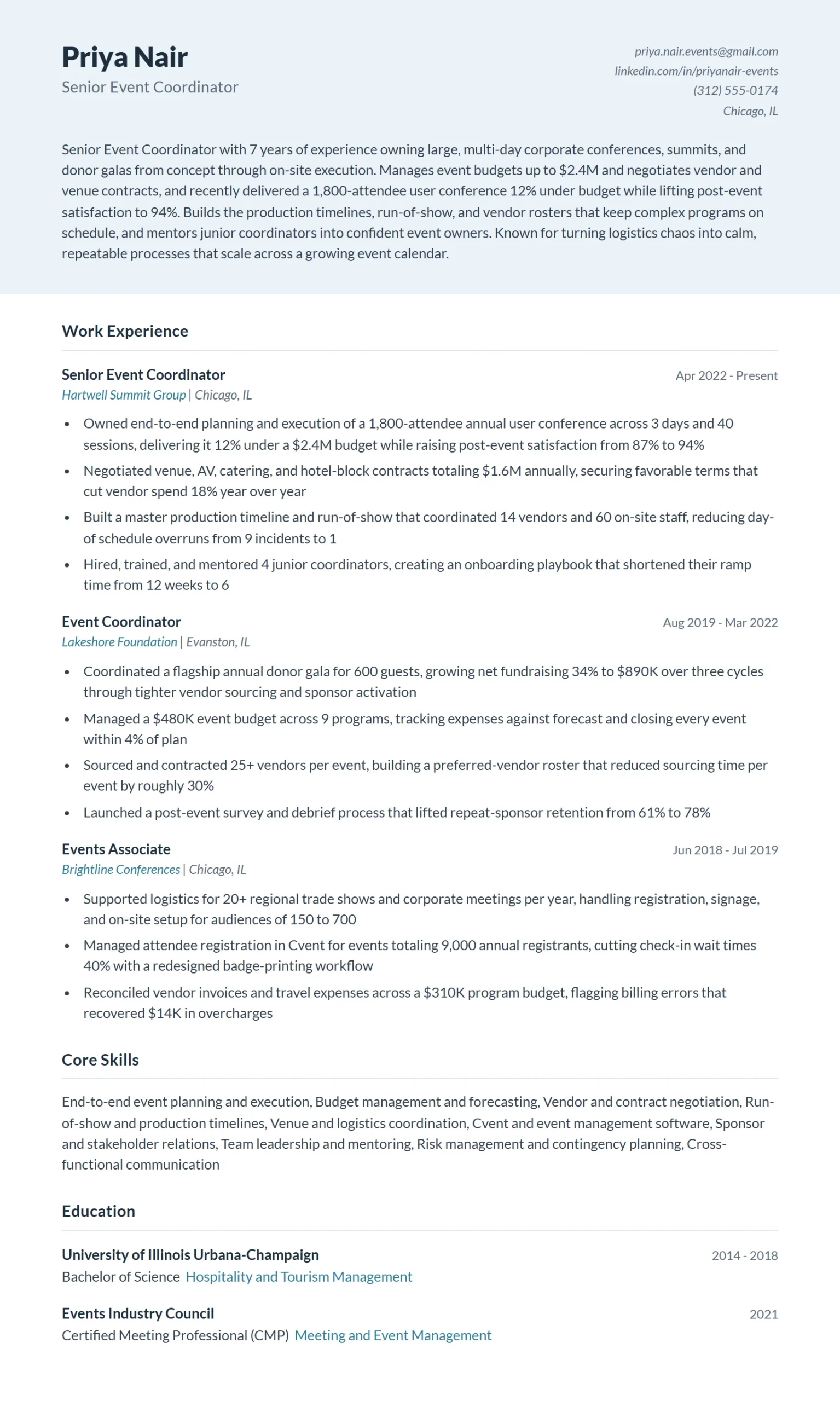 Senior Event Coordinator Resume Example