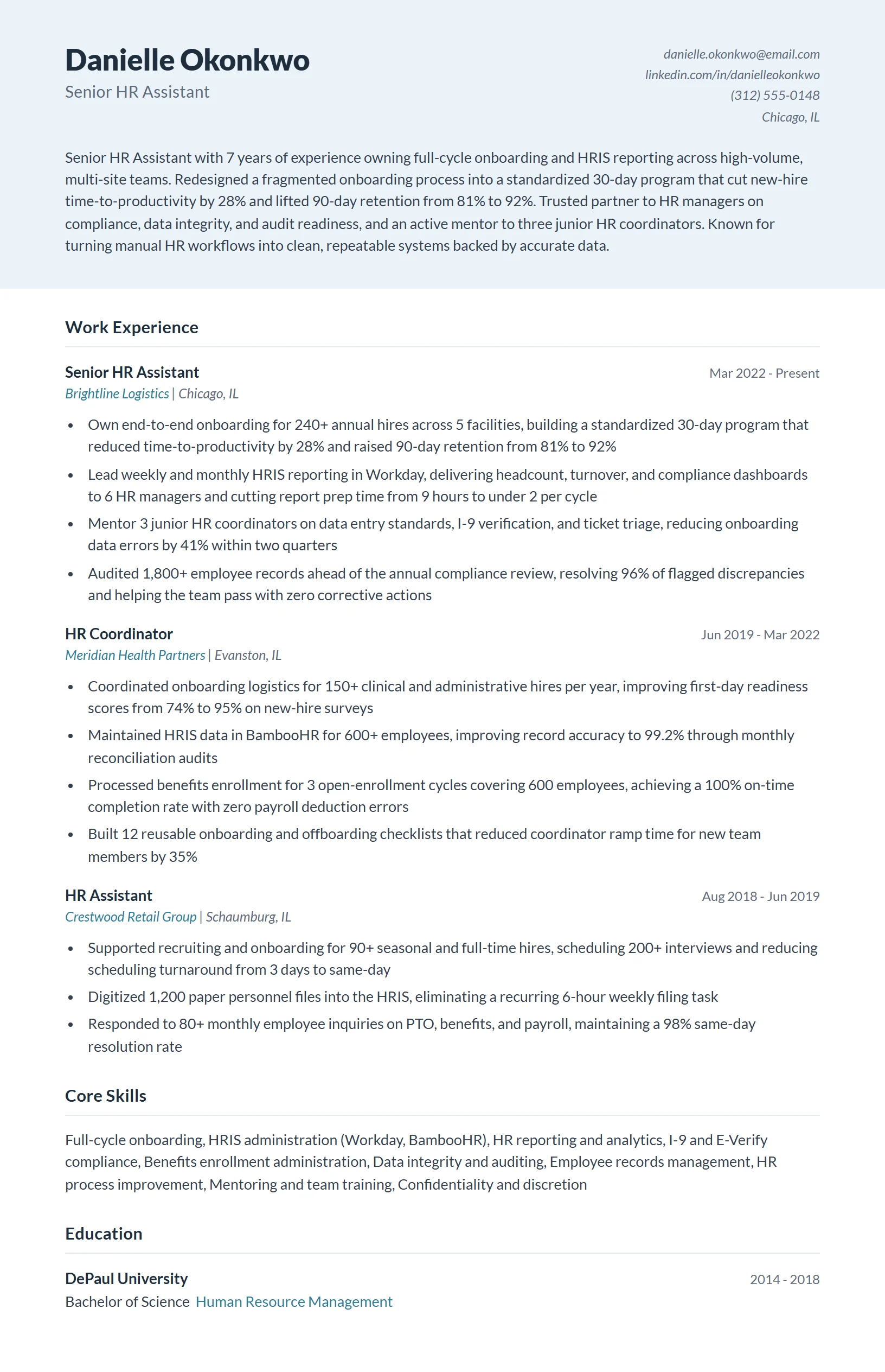 Senior HR Assistant Resume Example