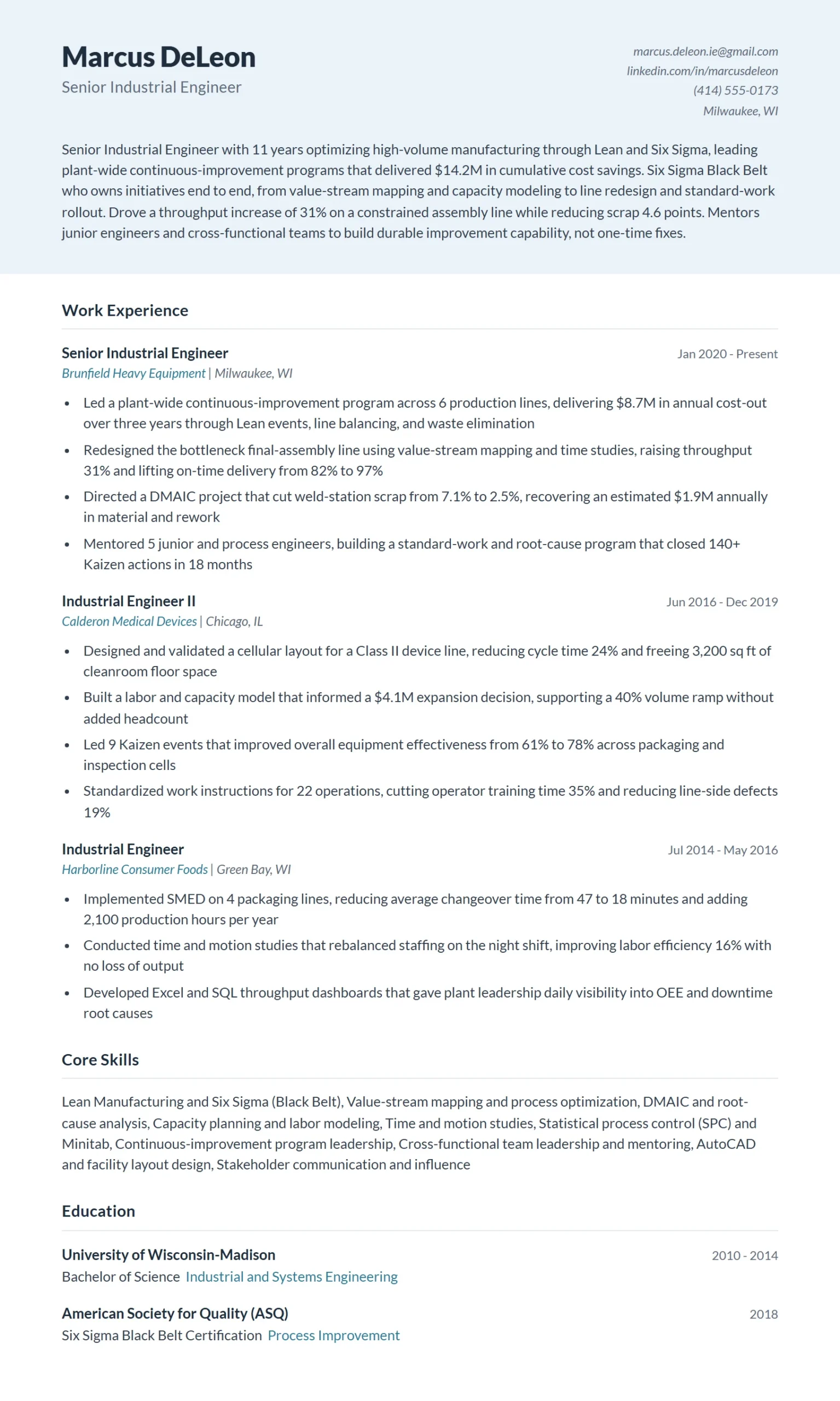 Senior Industrial Engineer Resume Example