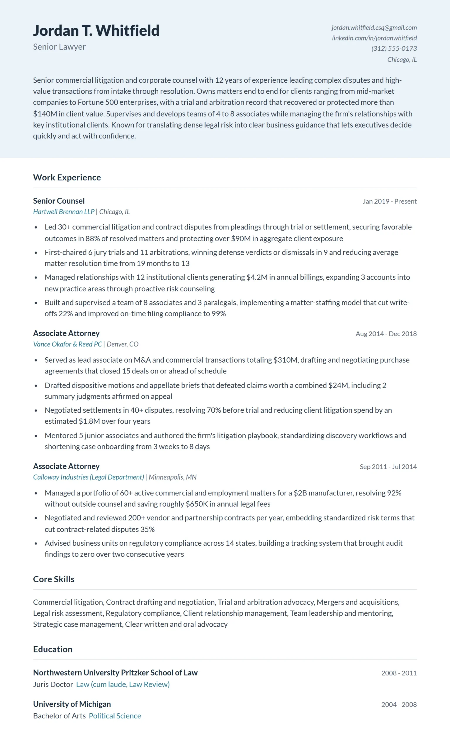 Senior Lawyer Resume Example