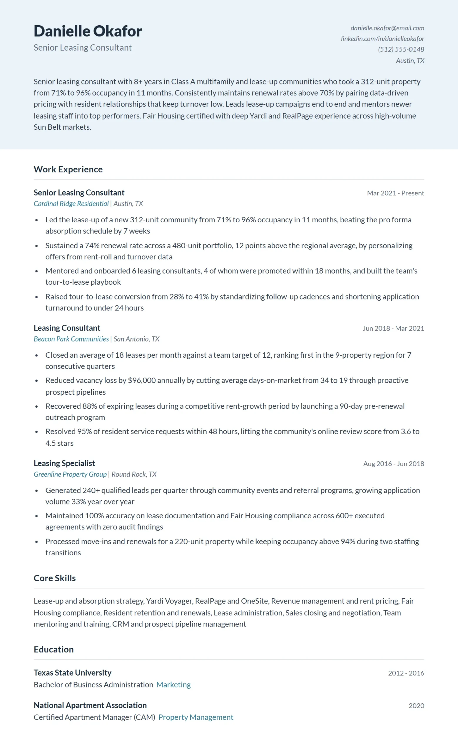 Senior Leasing Consultant Resume Example