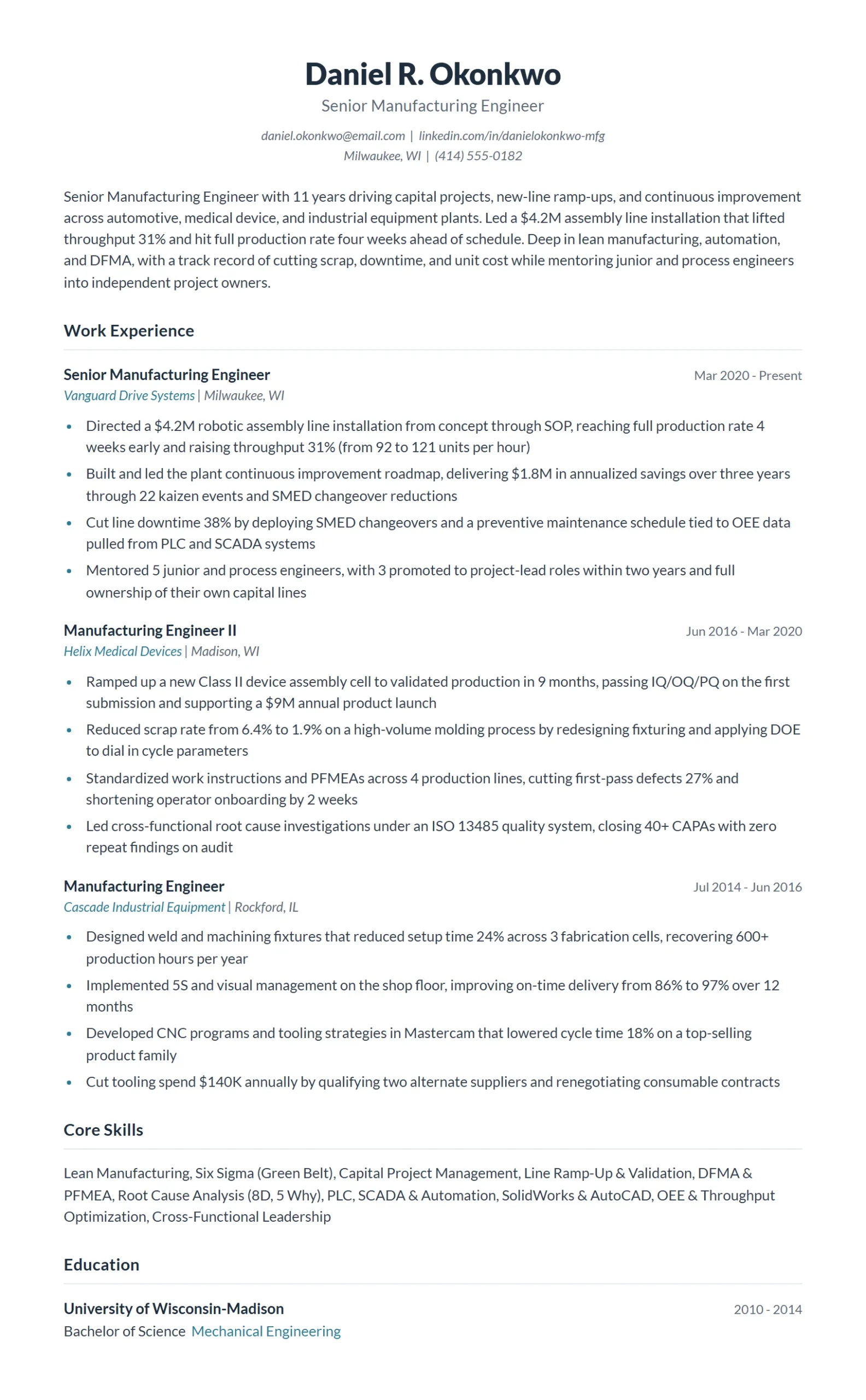 Senior Manufacturing Engineer Resume Example