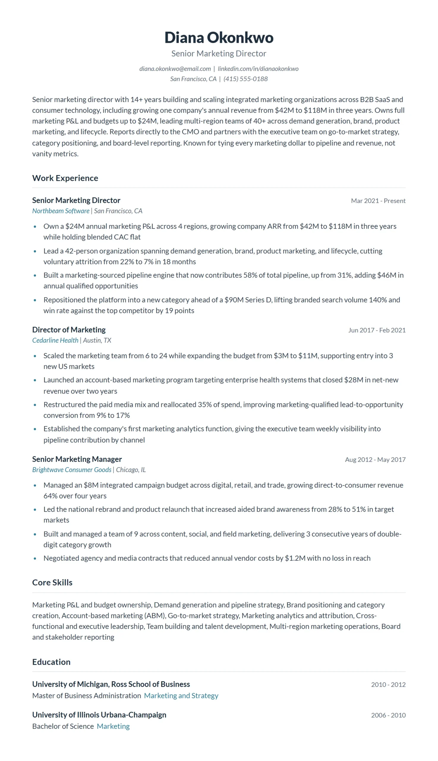 Senior Marketing Director Resume Example