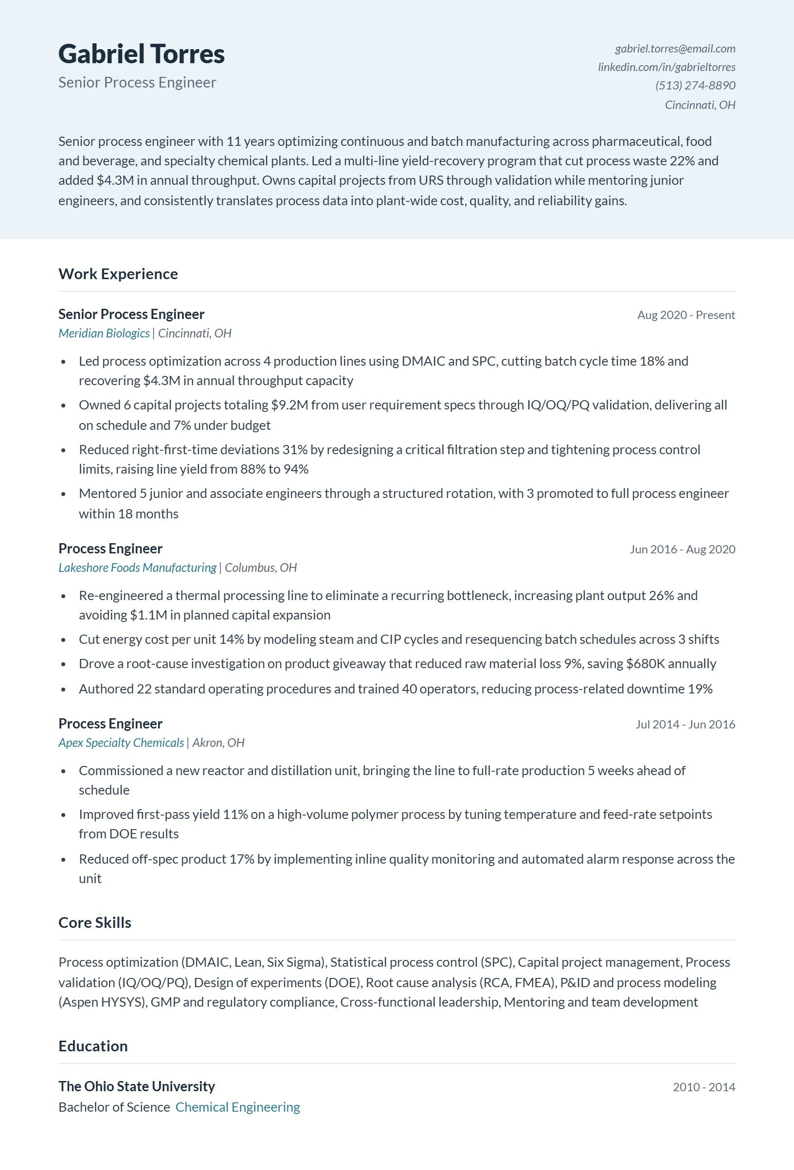 Senior Process Engineer Resume Example