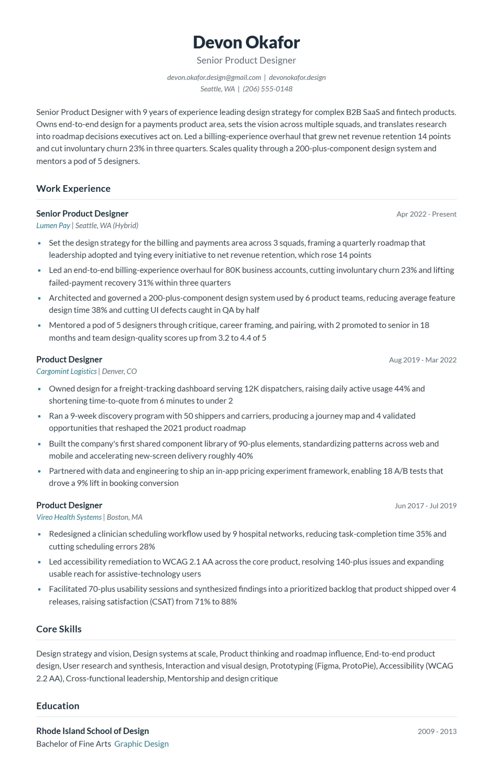 Senior Product Designer Resume Example