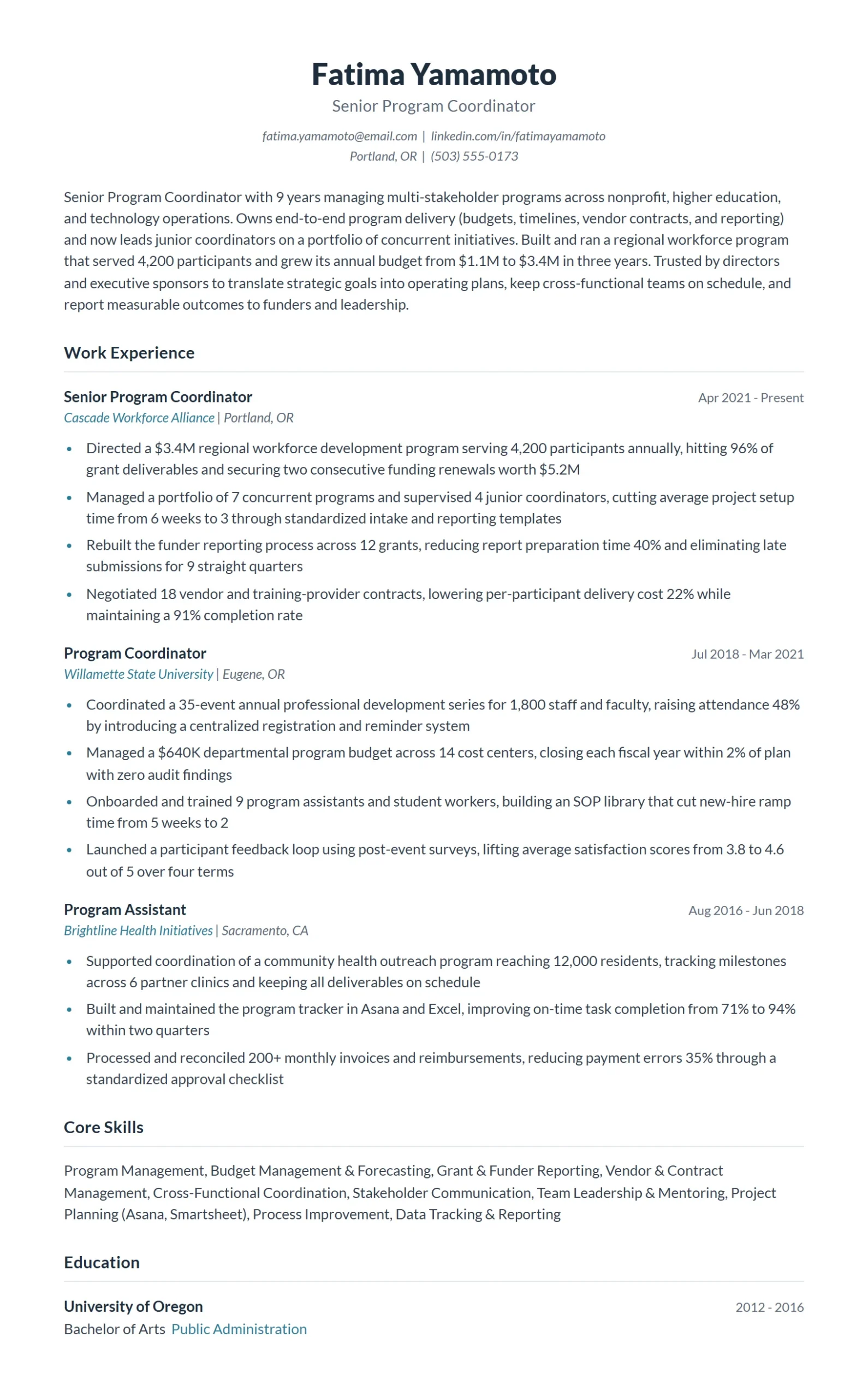 Senior Program Coordinator Resume Example
