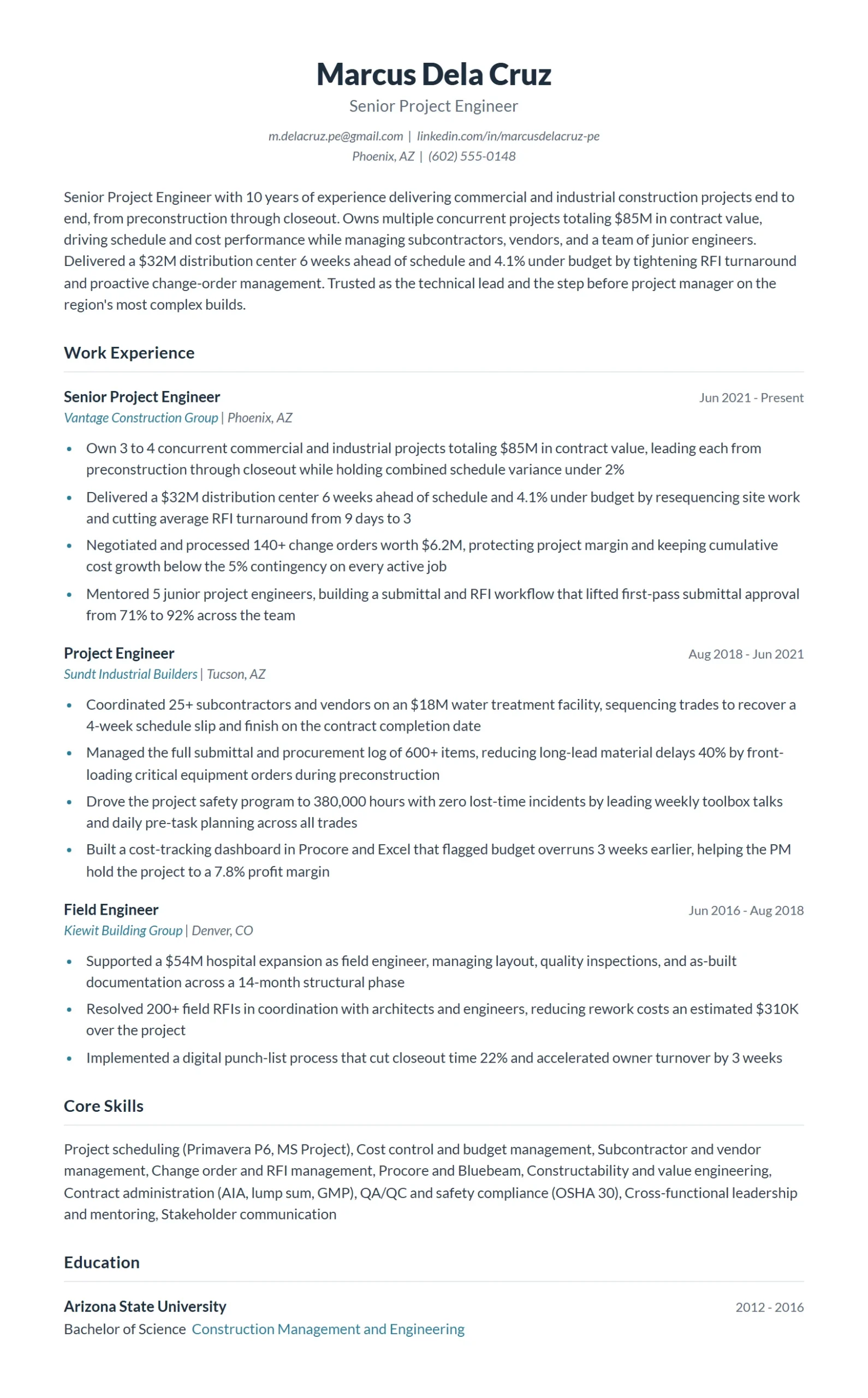 Senior Project Engineer Resume Example