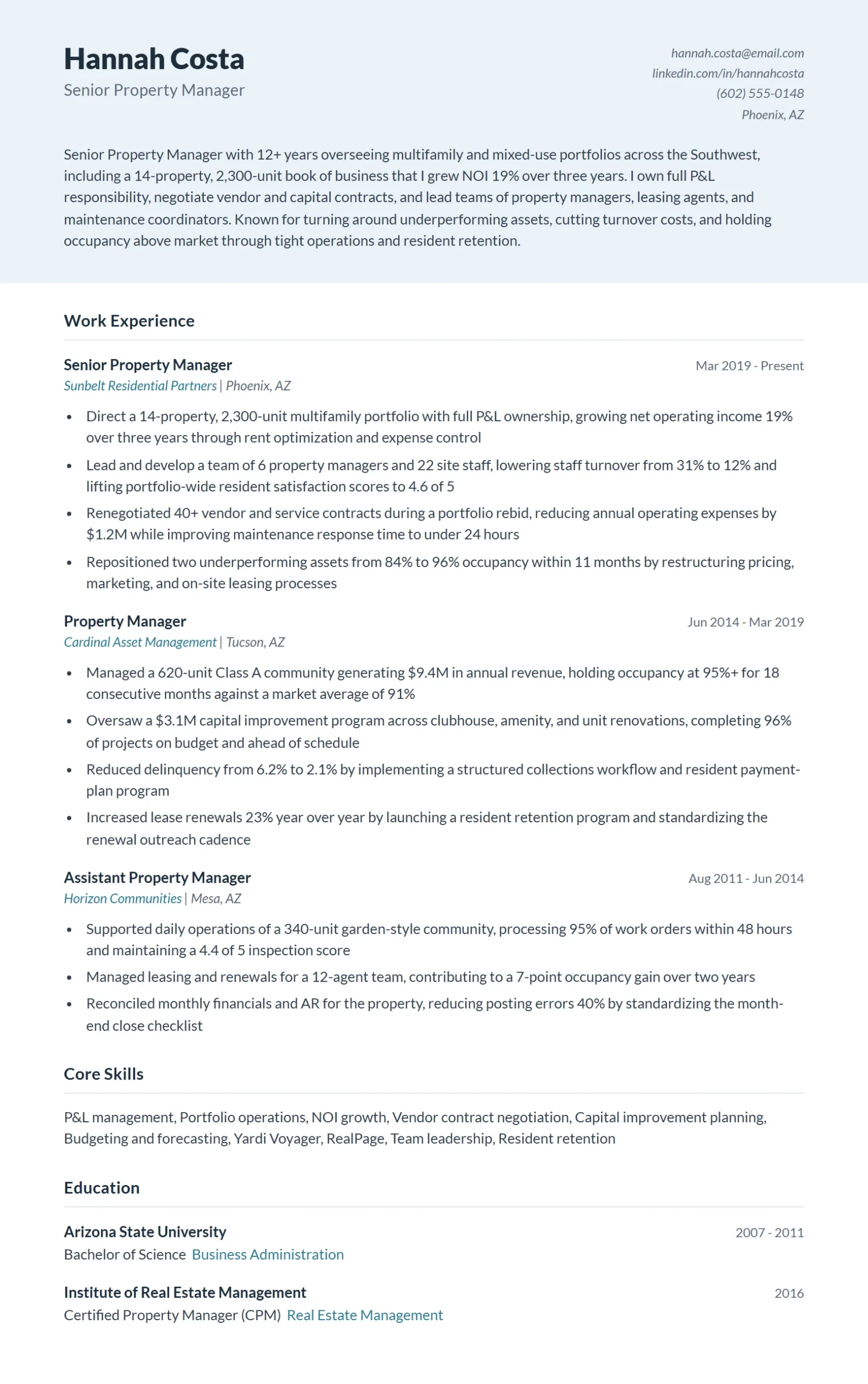 Senior Property Manager Resume Example