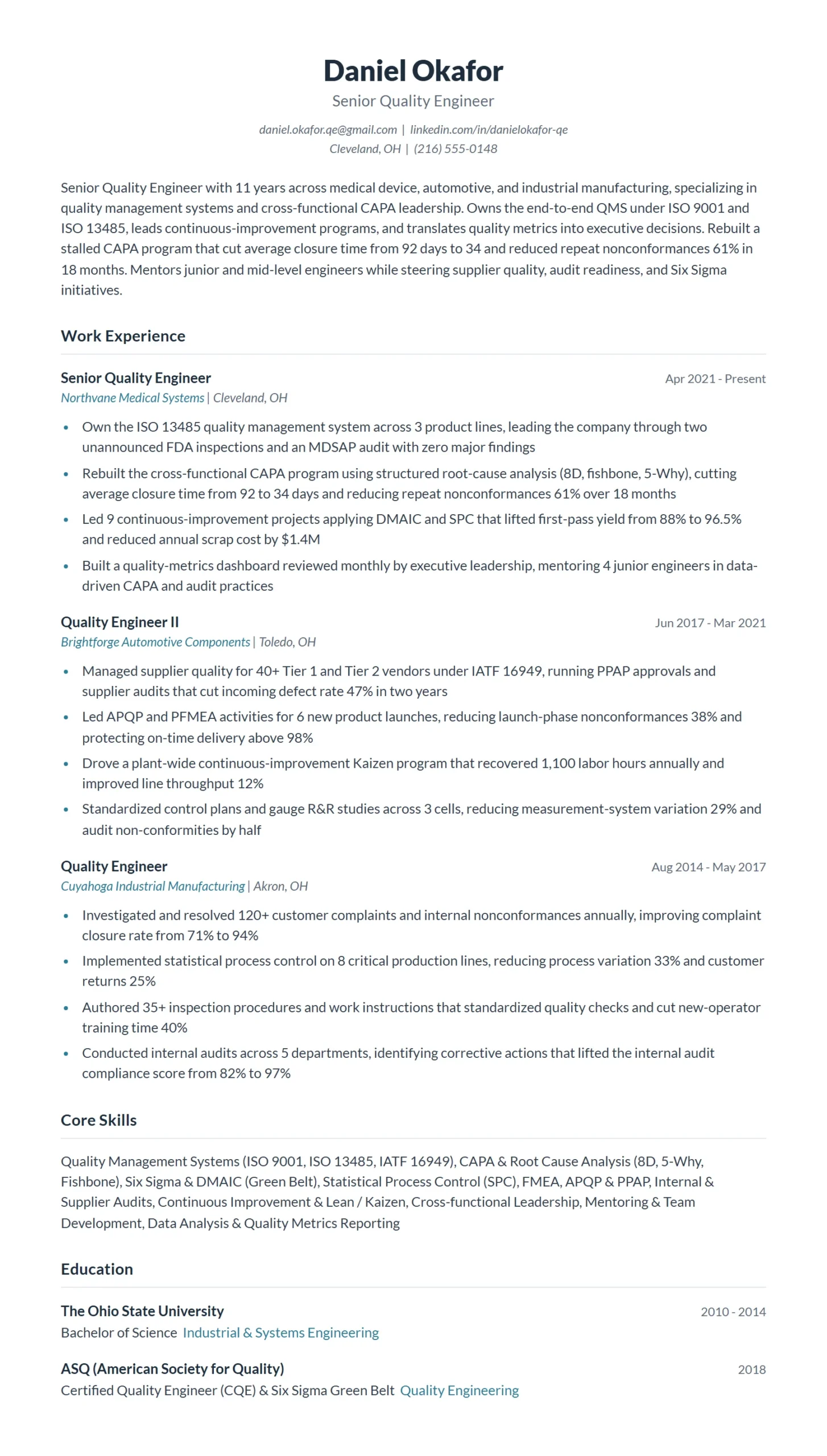 Senior Quality Engineer Resume Example