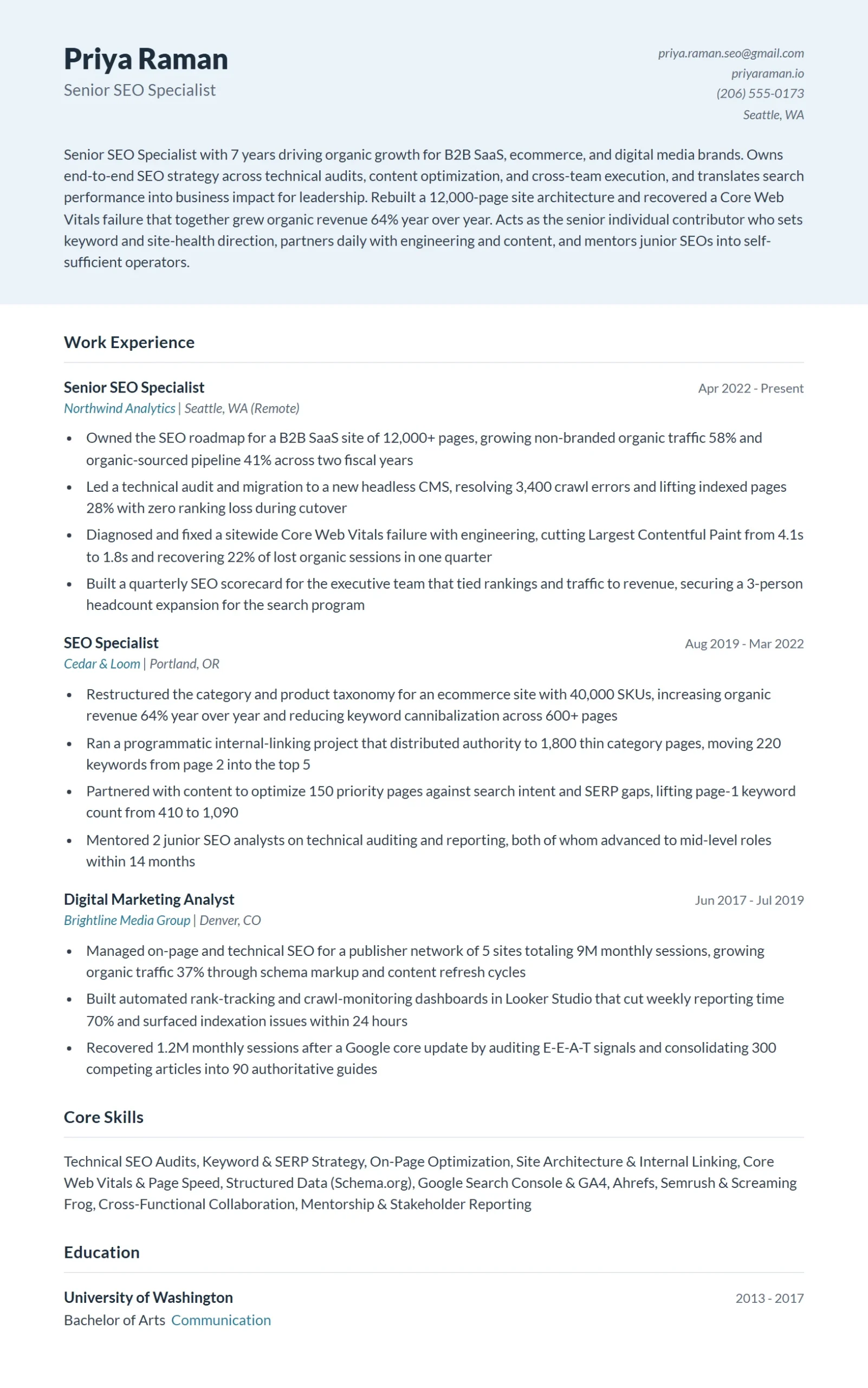 Senior SEO Specialist Resume Example