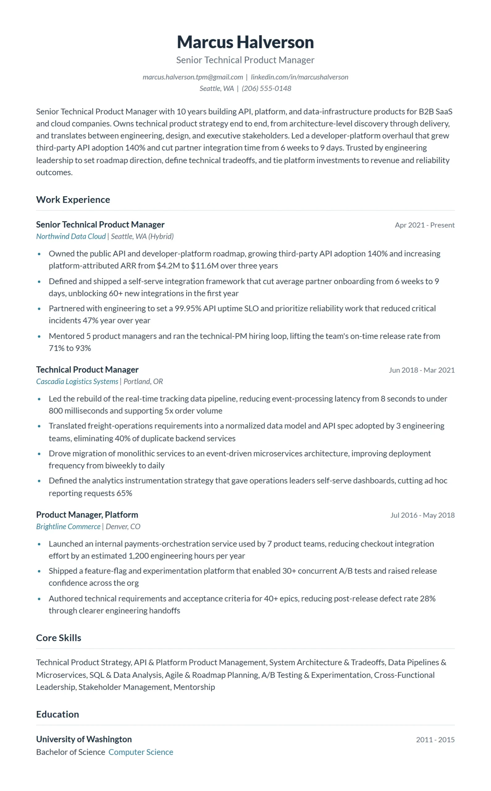 Senior Technical Product Manager Resume Example