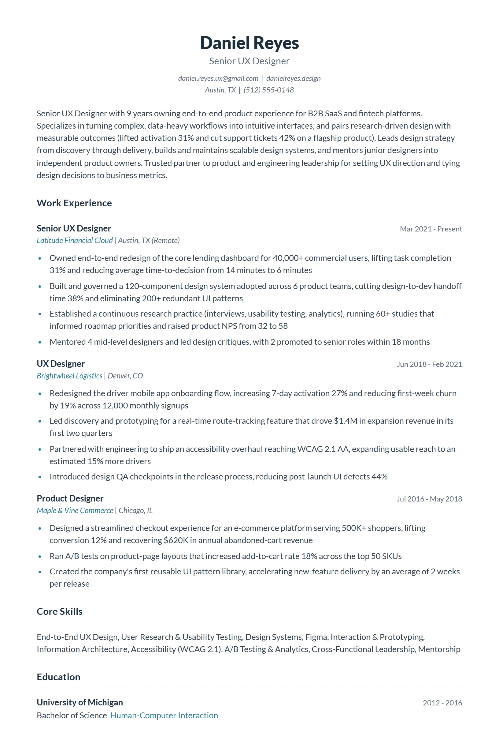 Senior UX Designer Resume Example