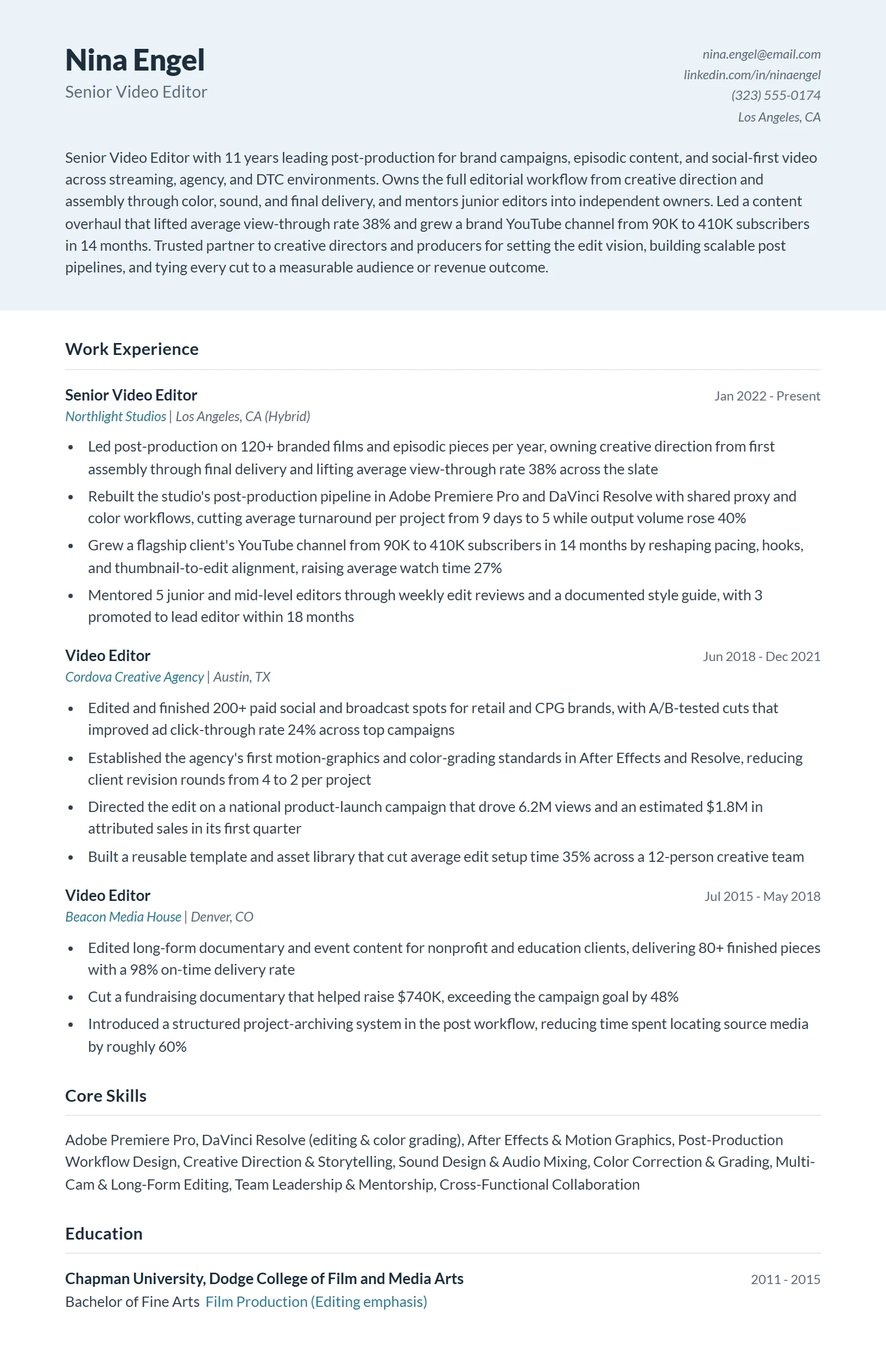 Senior Video Editor Resume Example