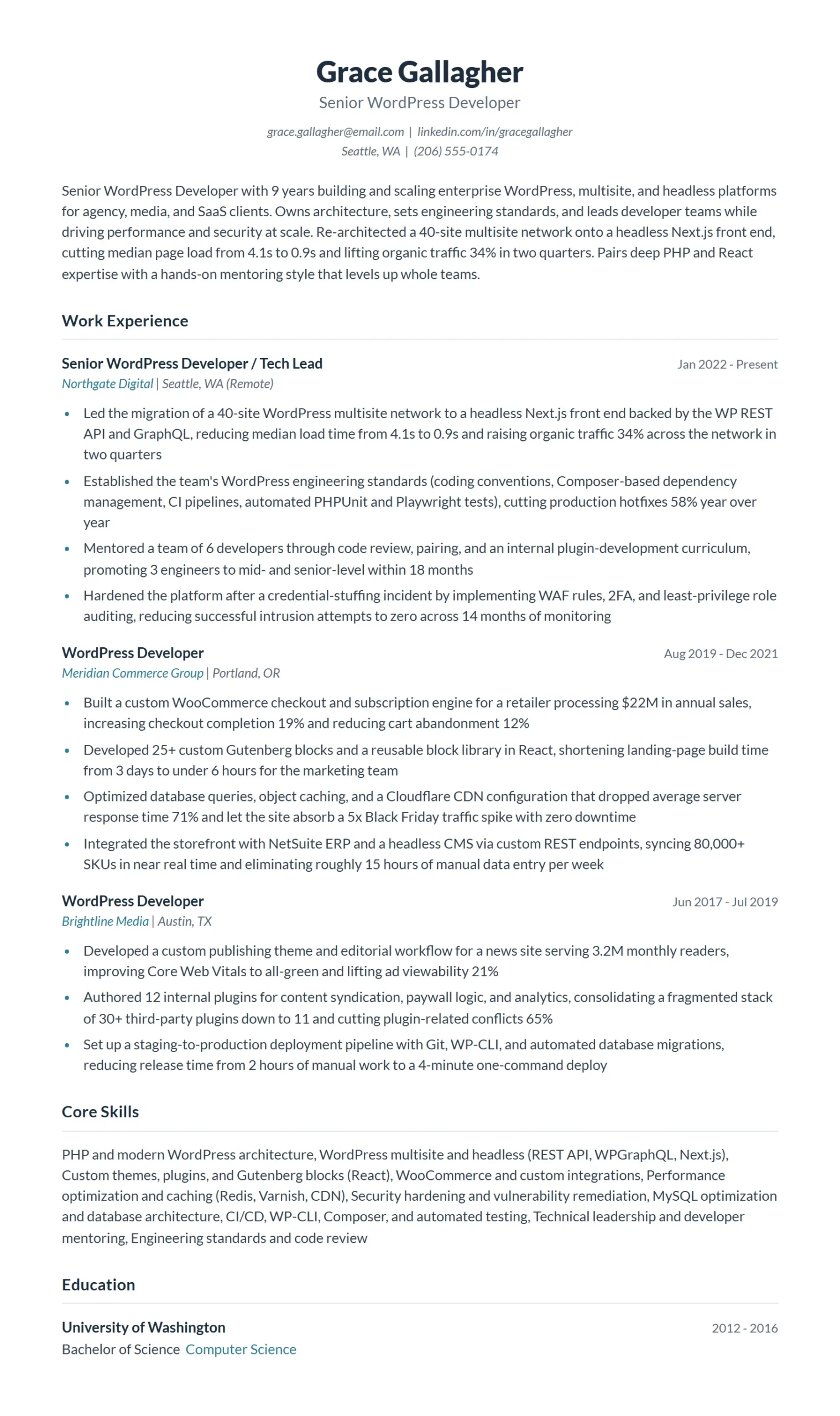 Senior WordPress Developer Resume Example