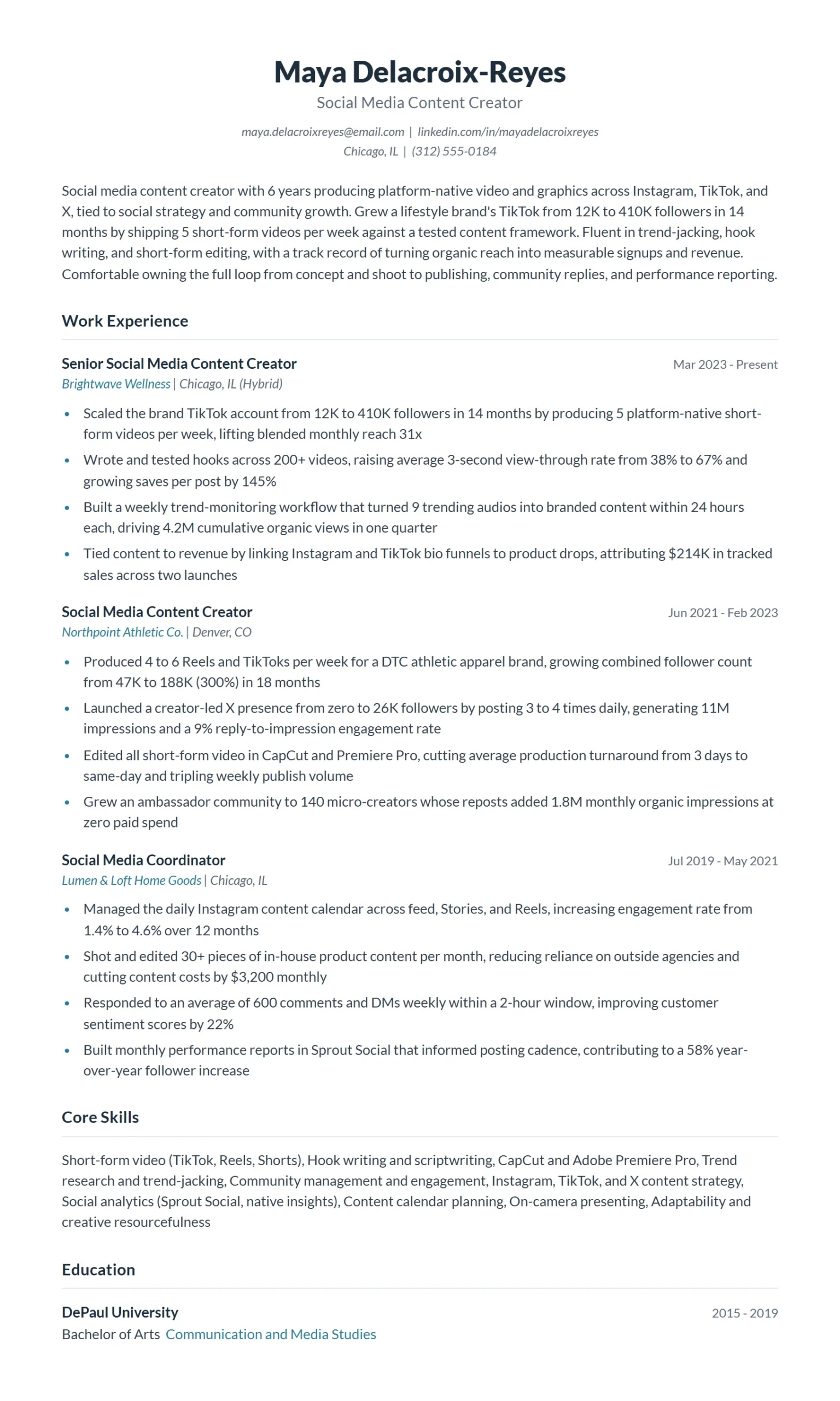 Social Media Content Creator Resume Example