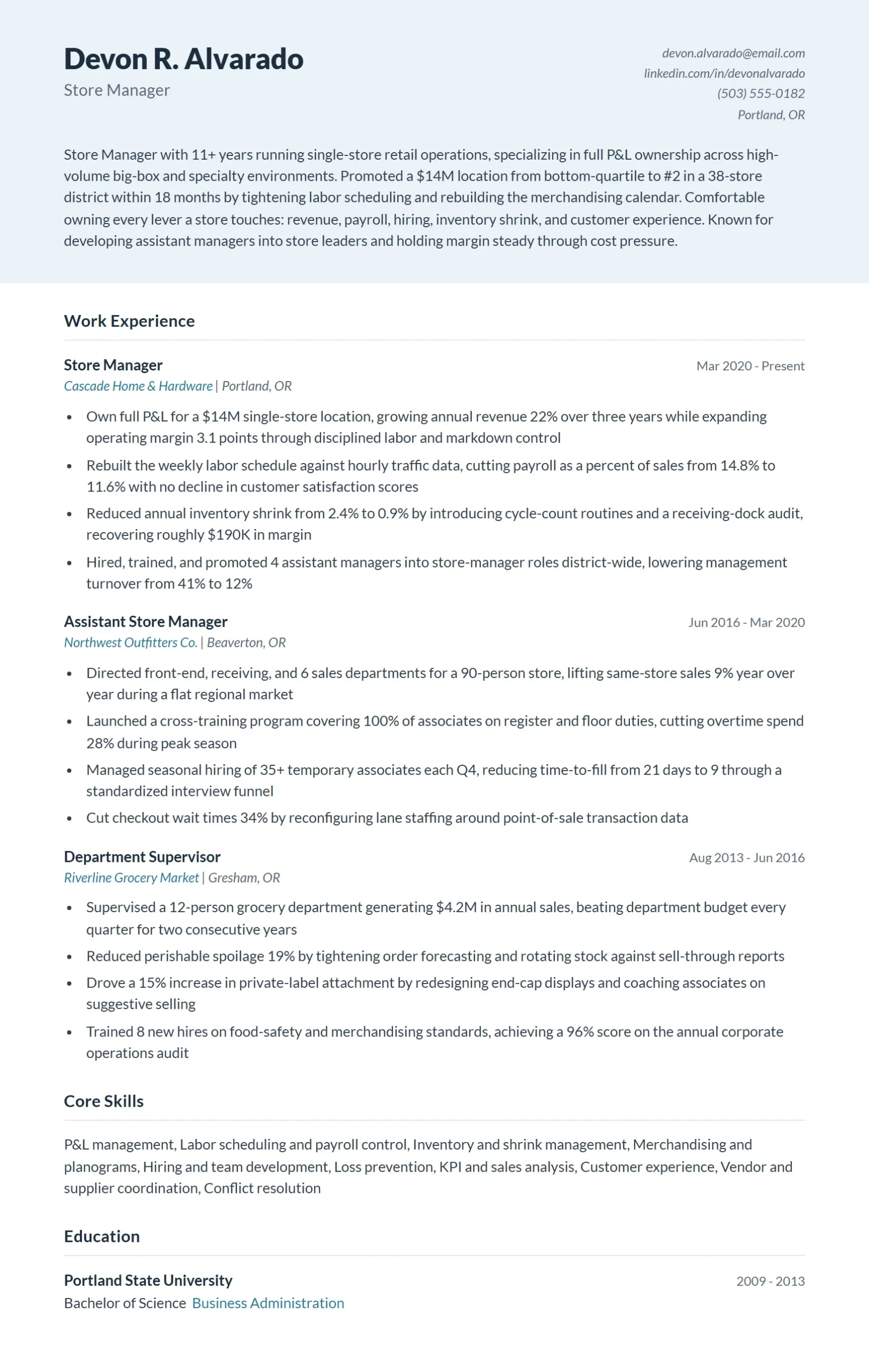 Store Manager Resume Example