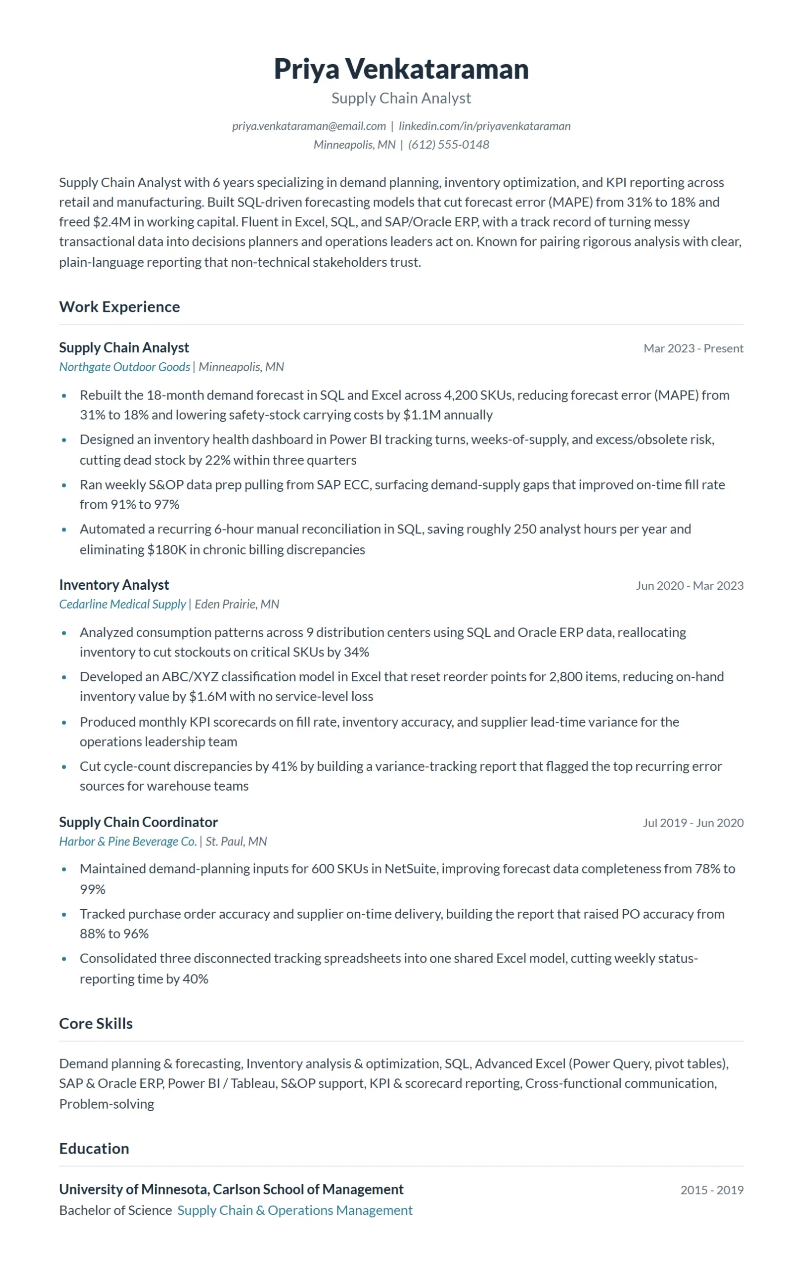 Supply Chain Analyst Resume Example