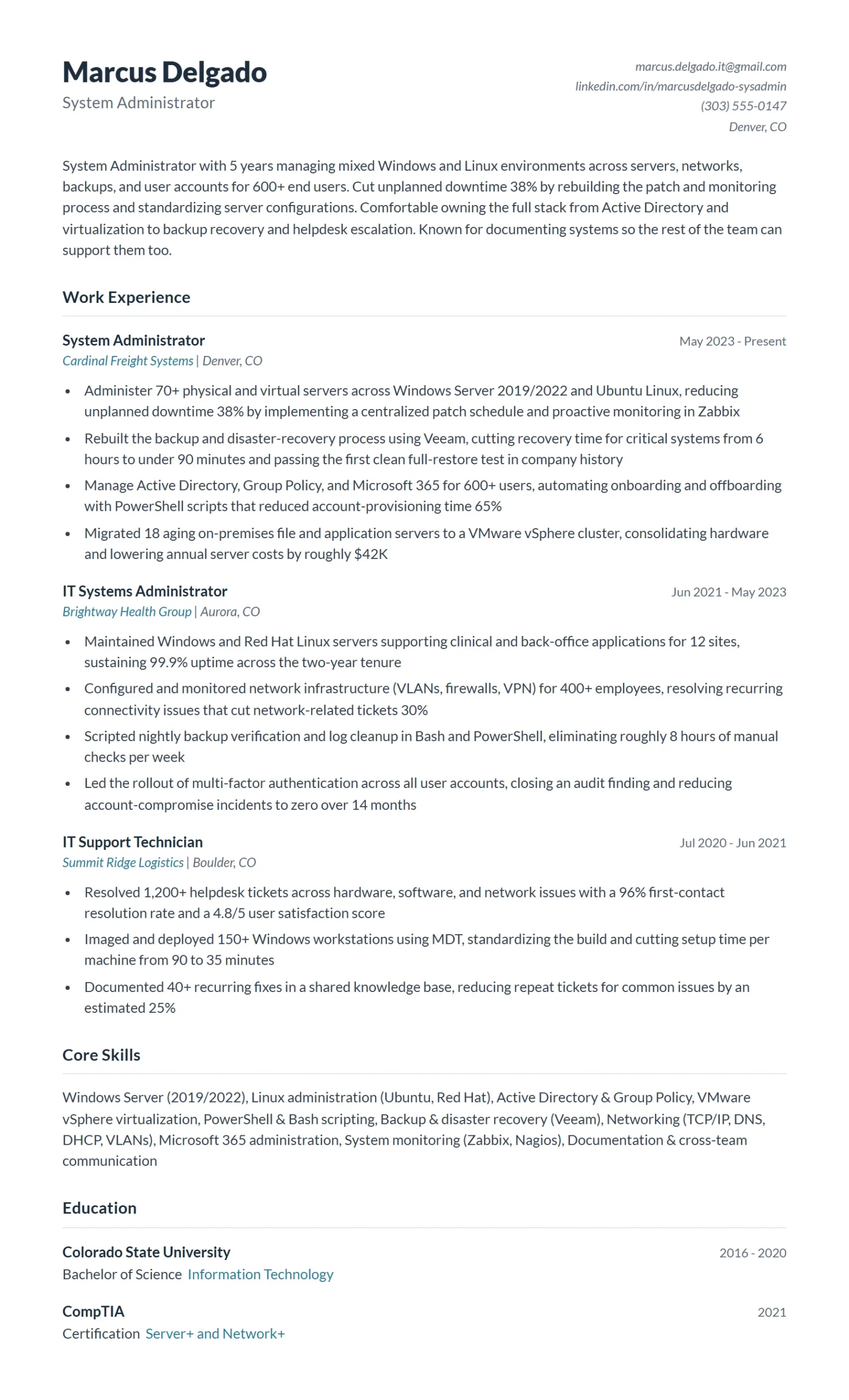 System Administrator Resume Example