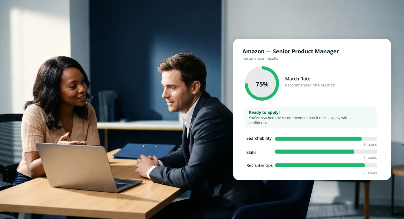 A career coach and client reviewing an employer-aligned resume scan report together, with the reasoning shown
