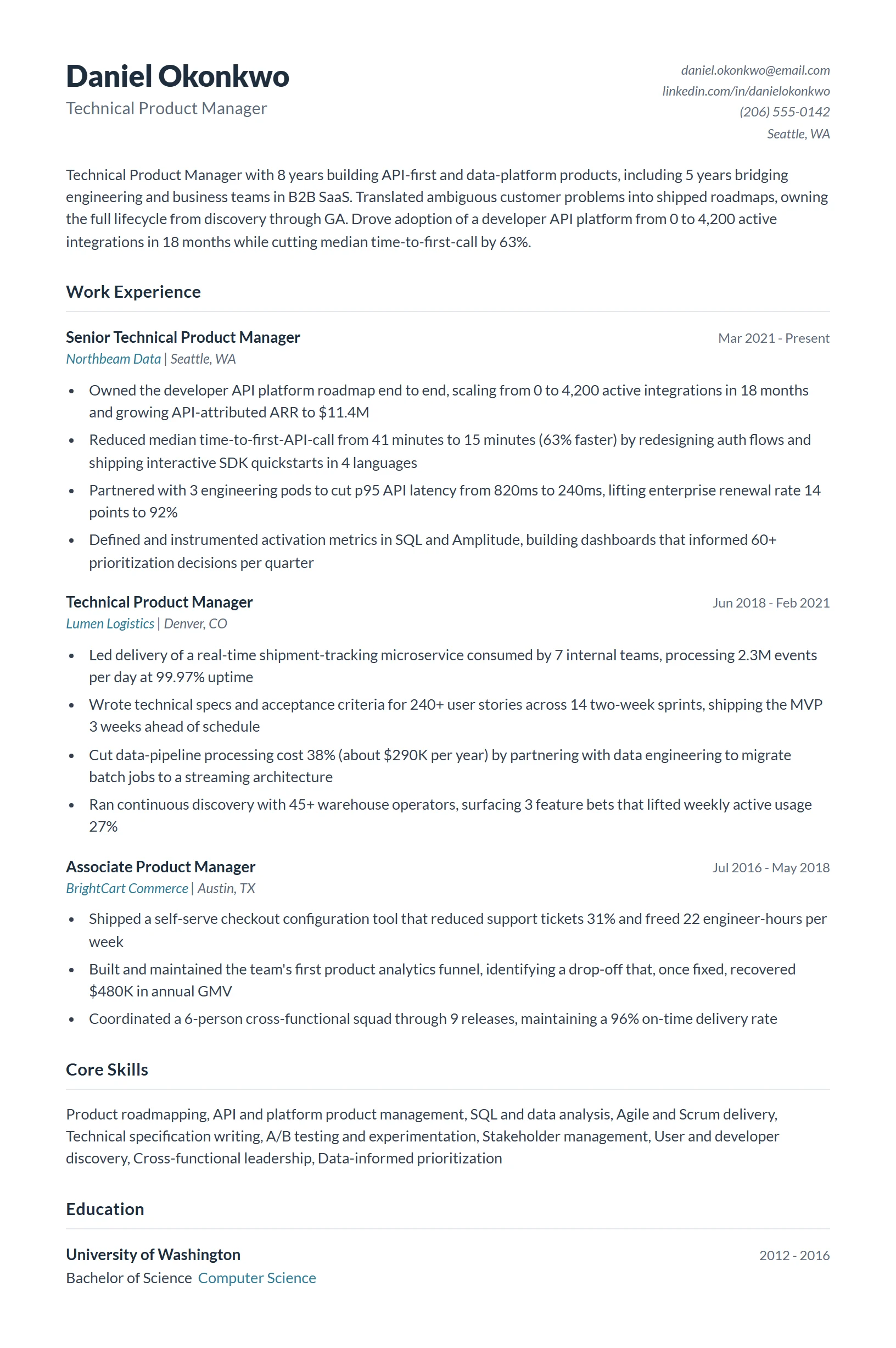 Technical Product Manager Resume Example