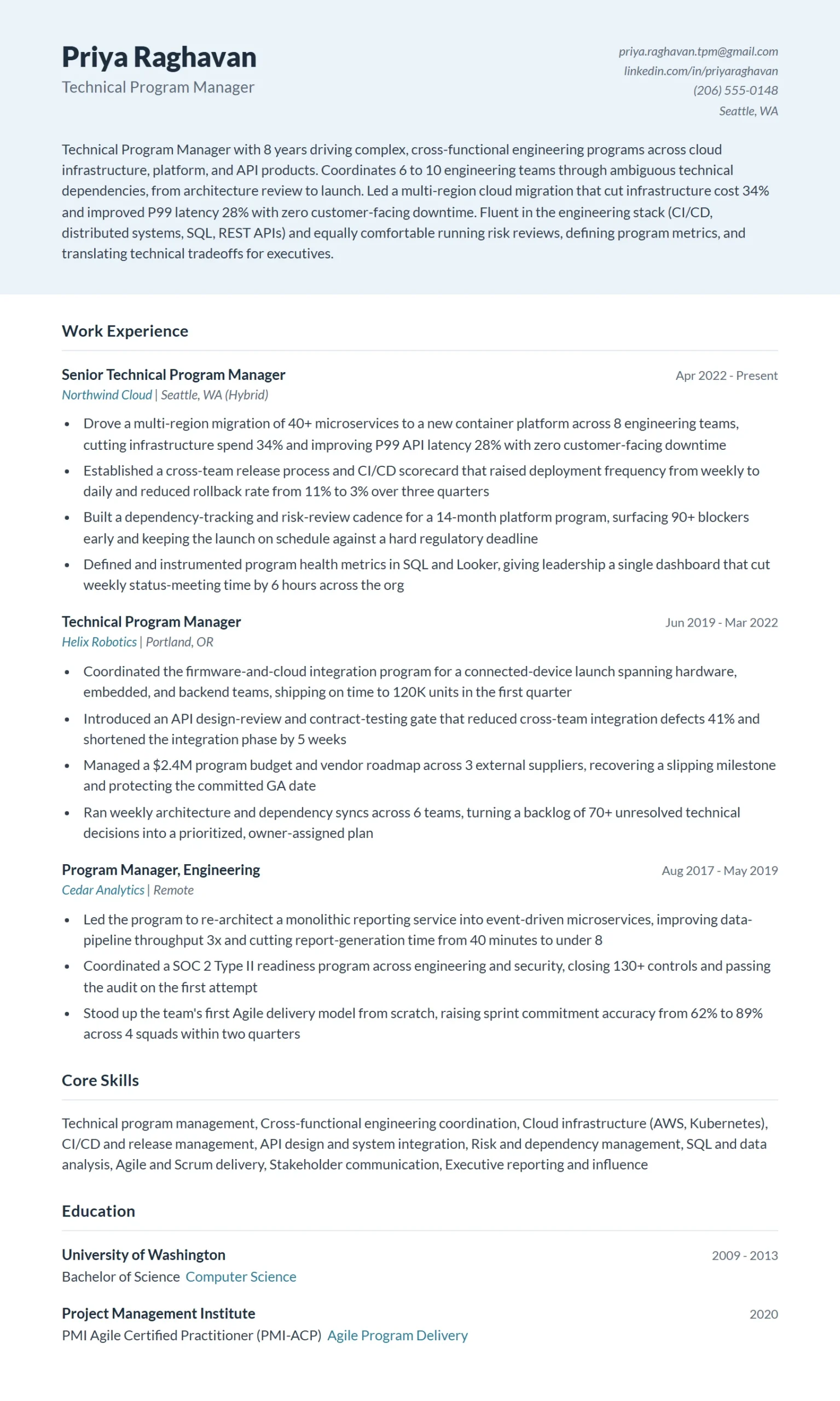 Technical Program Manager Resume Example