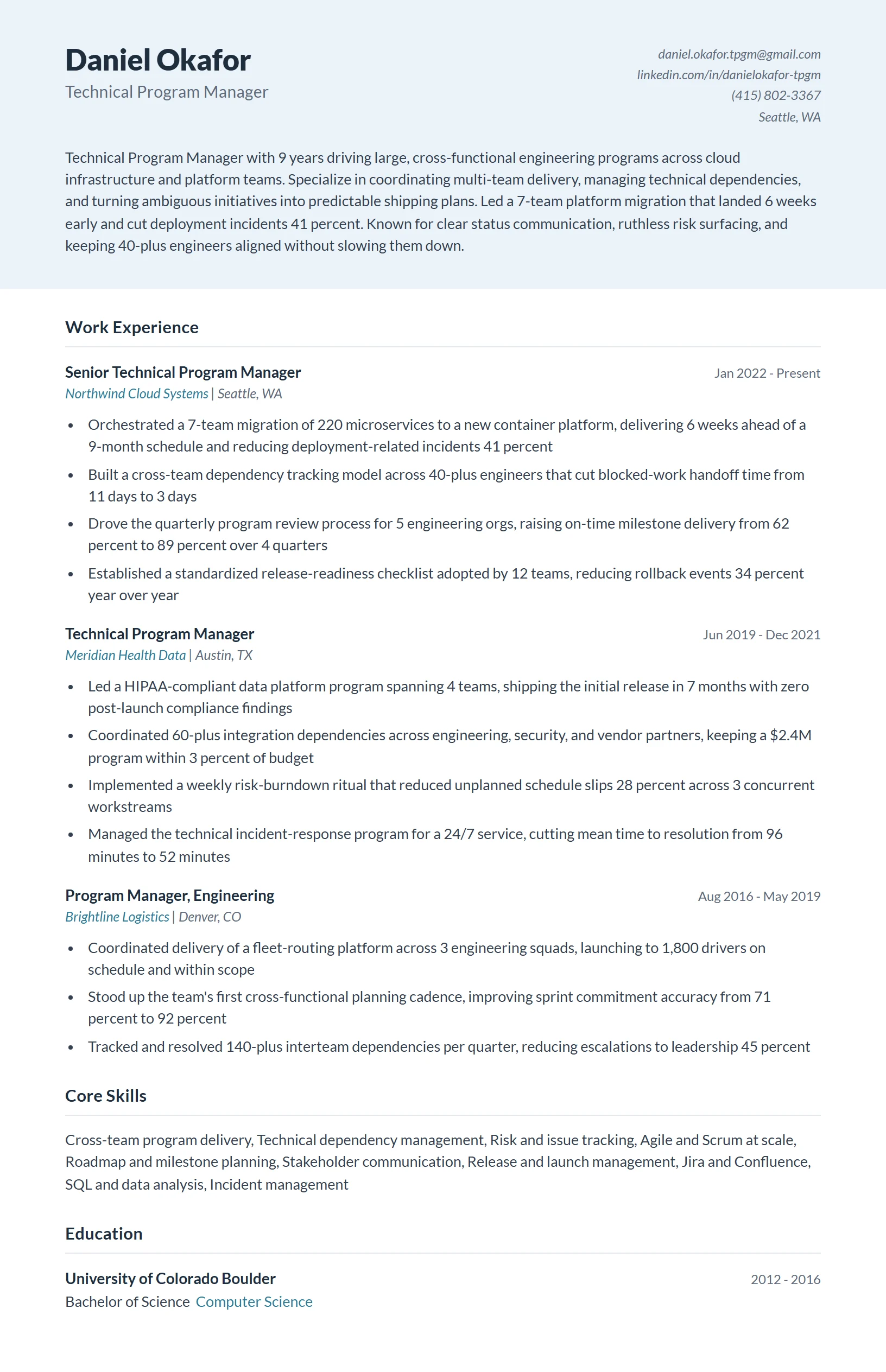 Technical Program Manager Resume Example