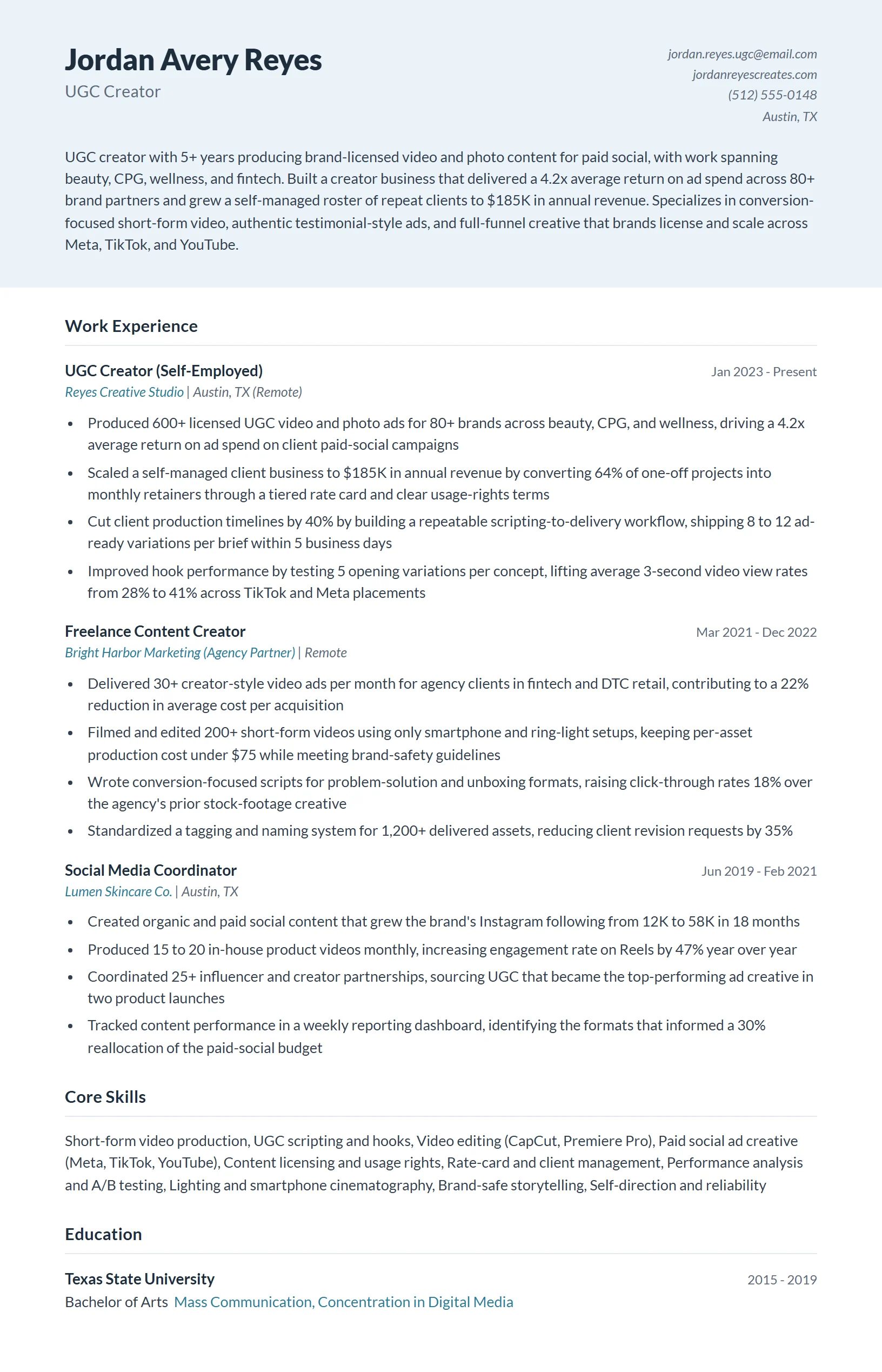 UGC Creator Resume Example