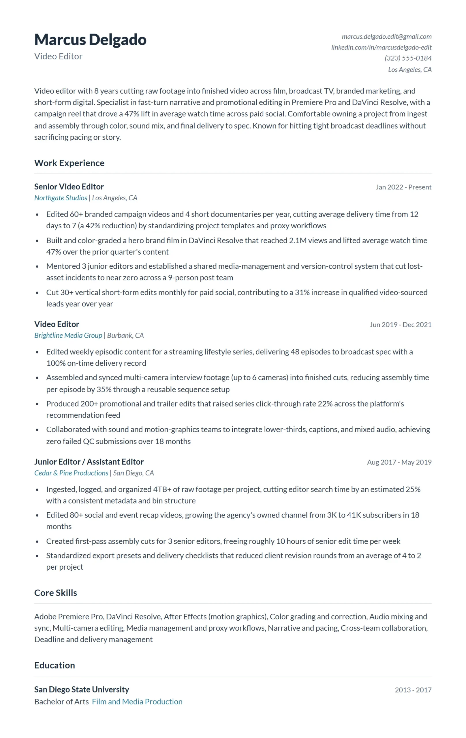 Video Editor Resume Example