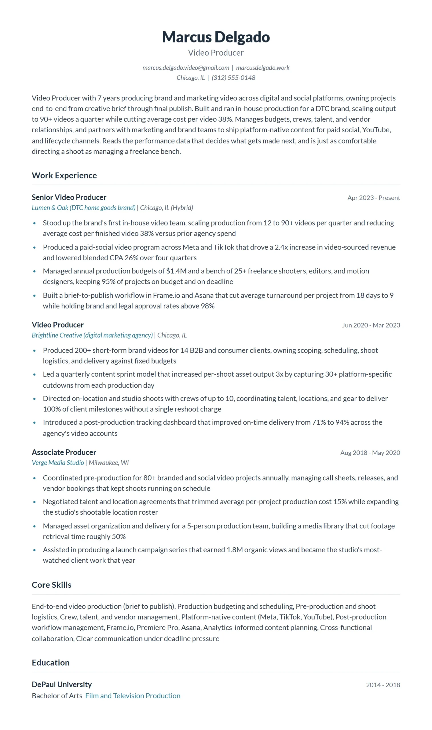 Video Producer Resume Example