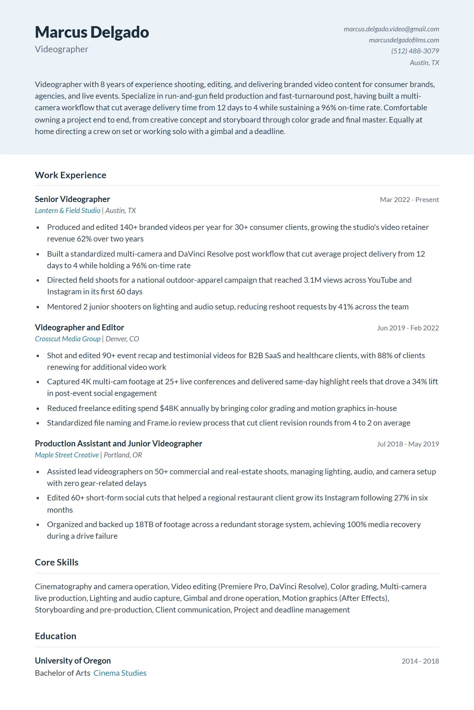 Videographer Resume Example