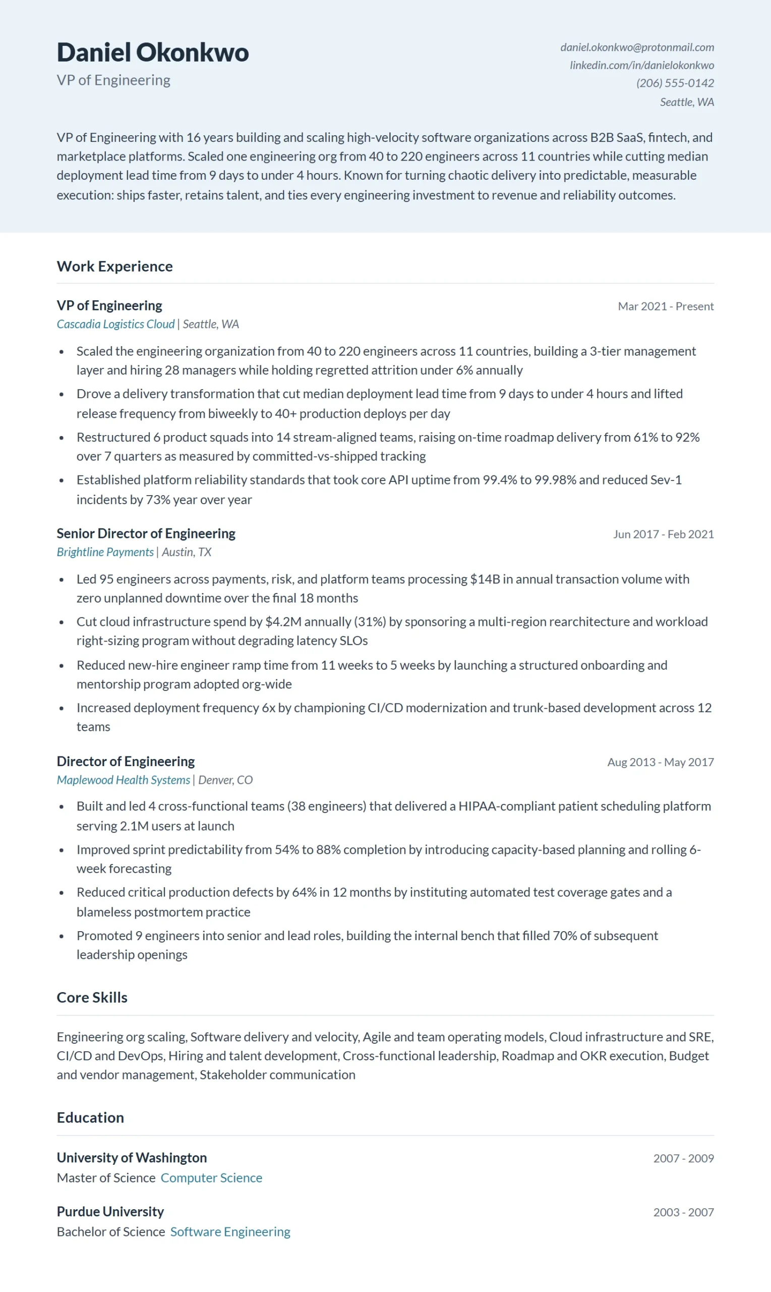 VP of Engineering Resume Example
