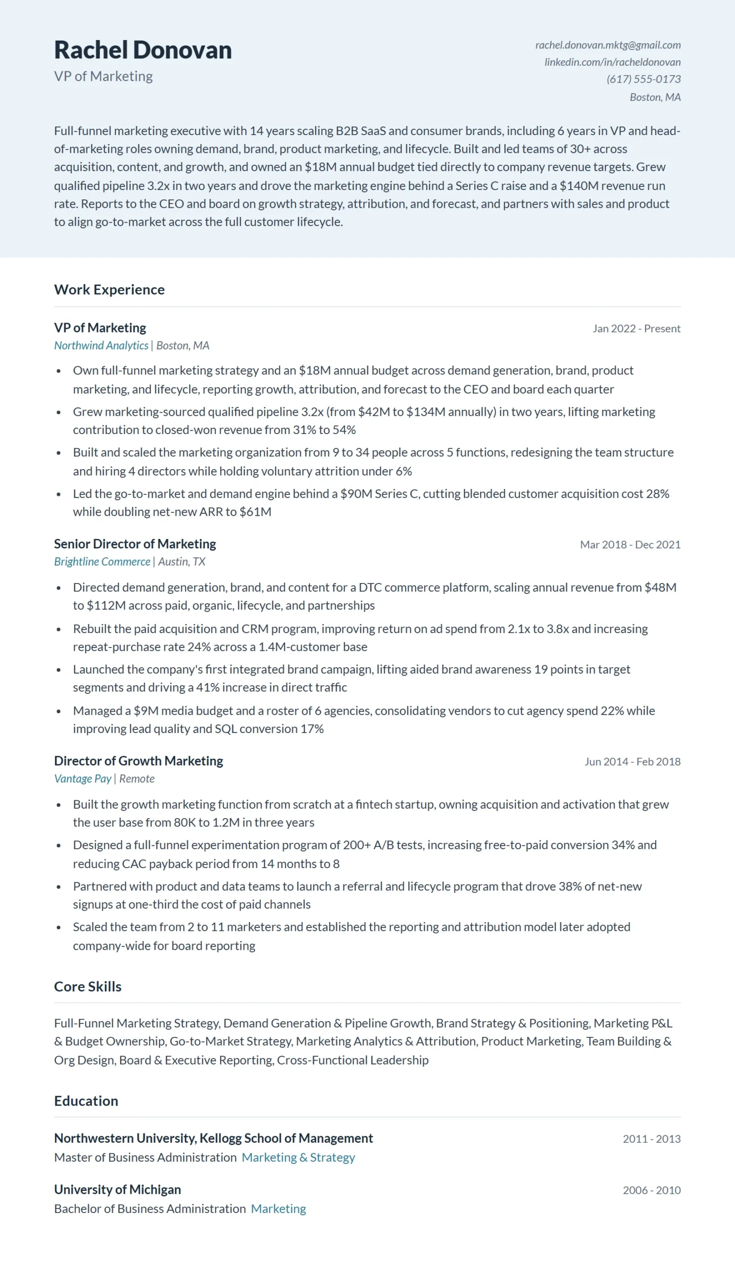 VP of Marketing Resume Example