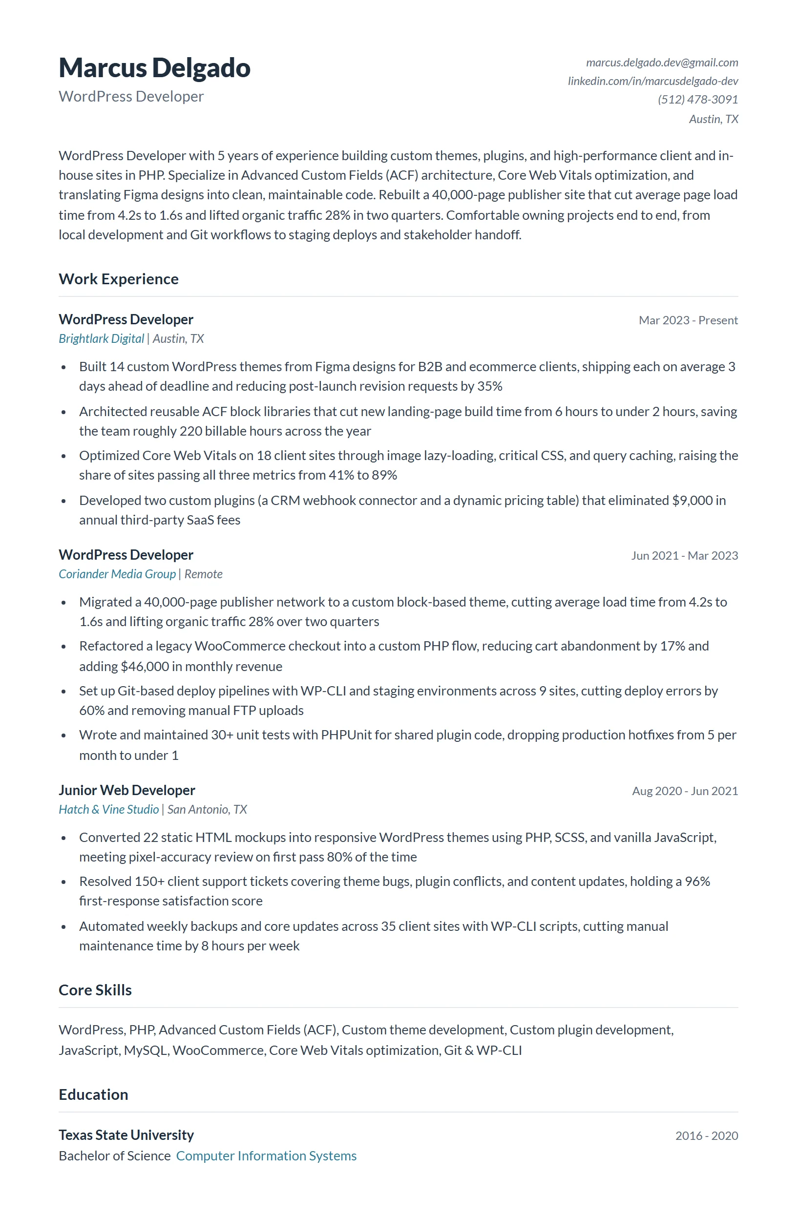 WordPress Developer Resume Example