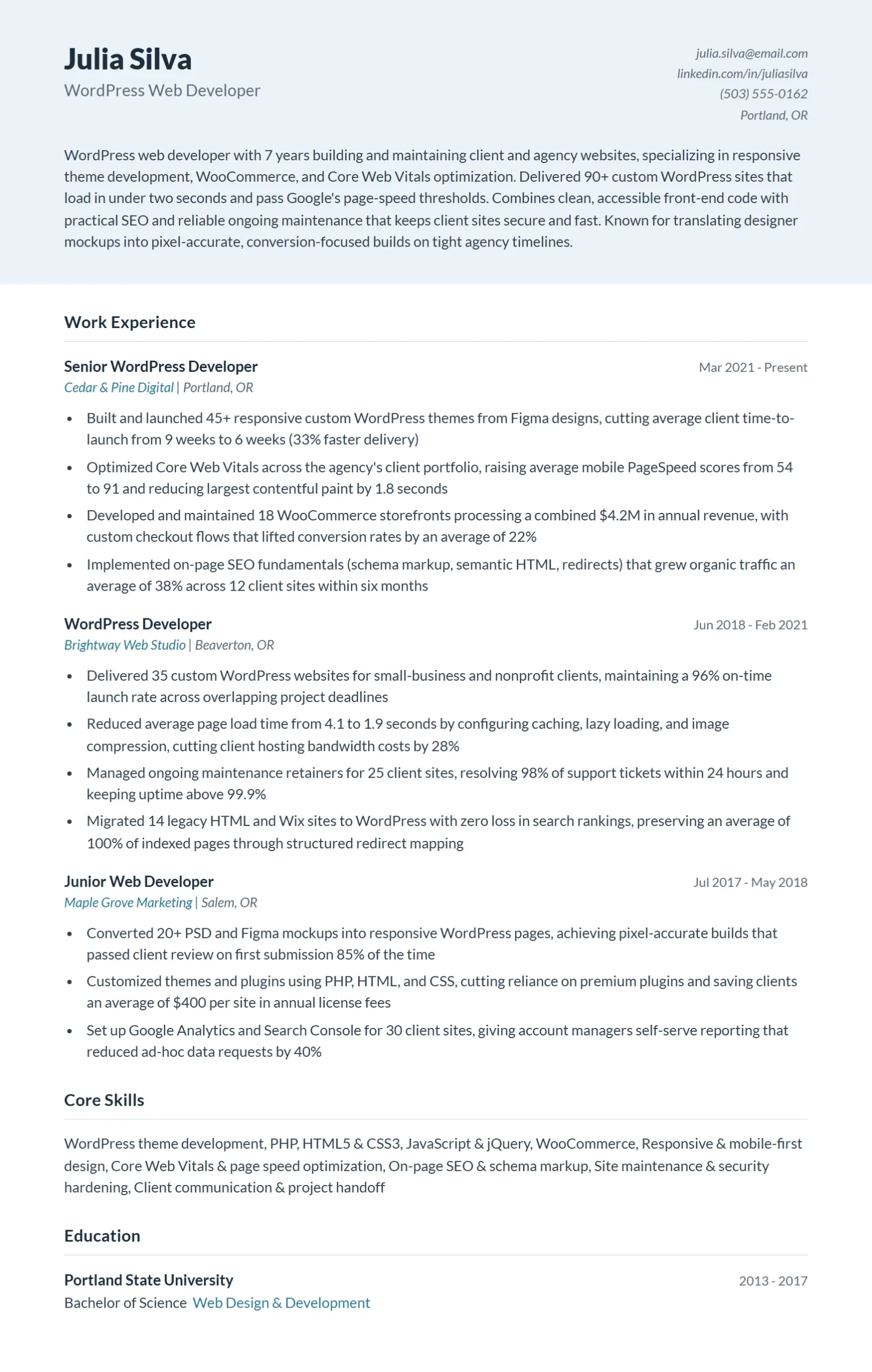 Best WordPress Developer Resume Examples for 2026